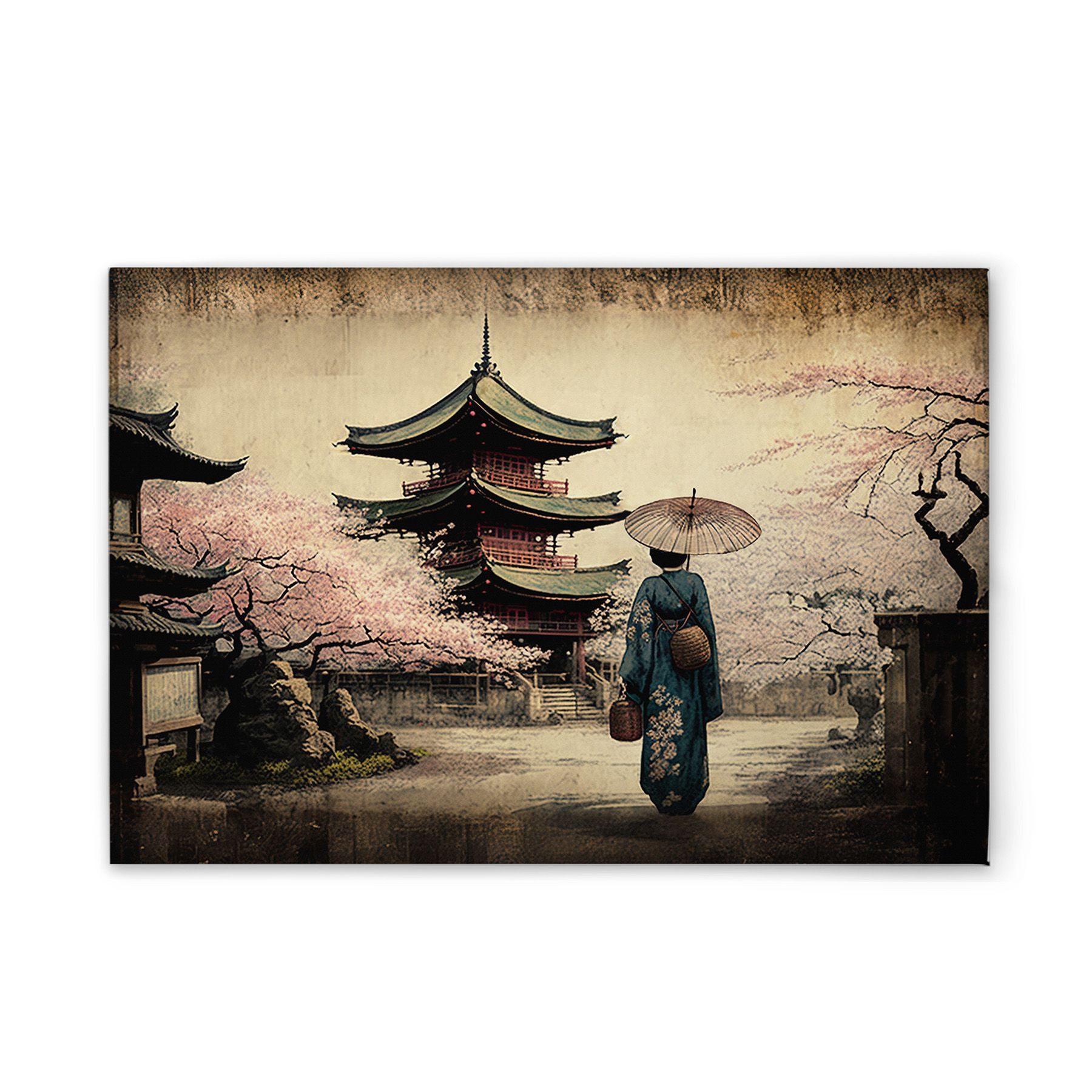 Tadessi Leinwandbild Pogoda Asia Vintage Beige Blau versch. Größen, Gemälde
