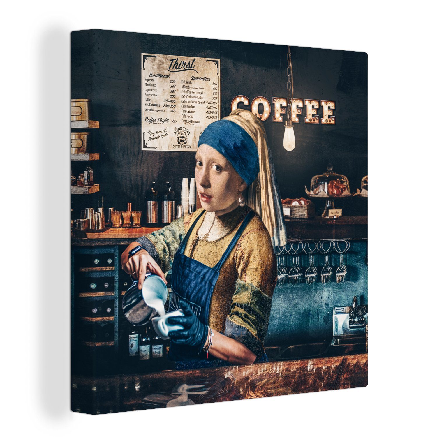 OneMillionCanvasses® Leinwandbild Kaffee - Mädchen mit Perlenohrring - Barista - Vermeer - Cappuccino -, (1 St), Leinwand Bilder für Wohnzimmer Schlafzimmer | Leinwandbilder