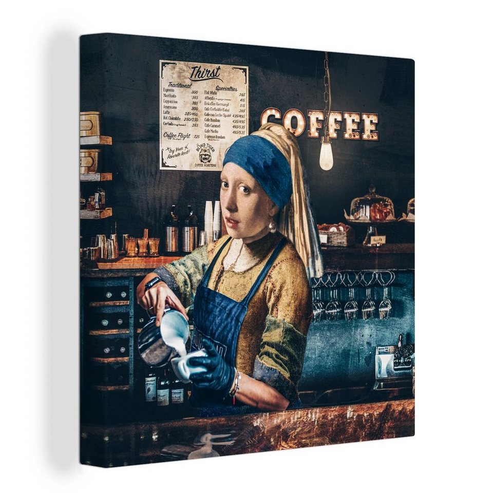 OneMillionCanvasses® Leinwandbild Kaffee - Mädchen mit Perlenohrring -  Barista - Vermeer - Cappuccino -, (1 St), Leinwand Bilder für Wohnzimmer  Schlafzimmer