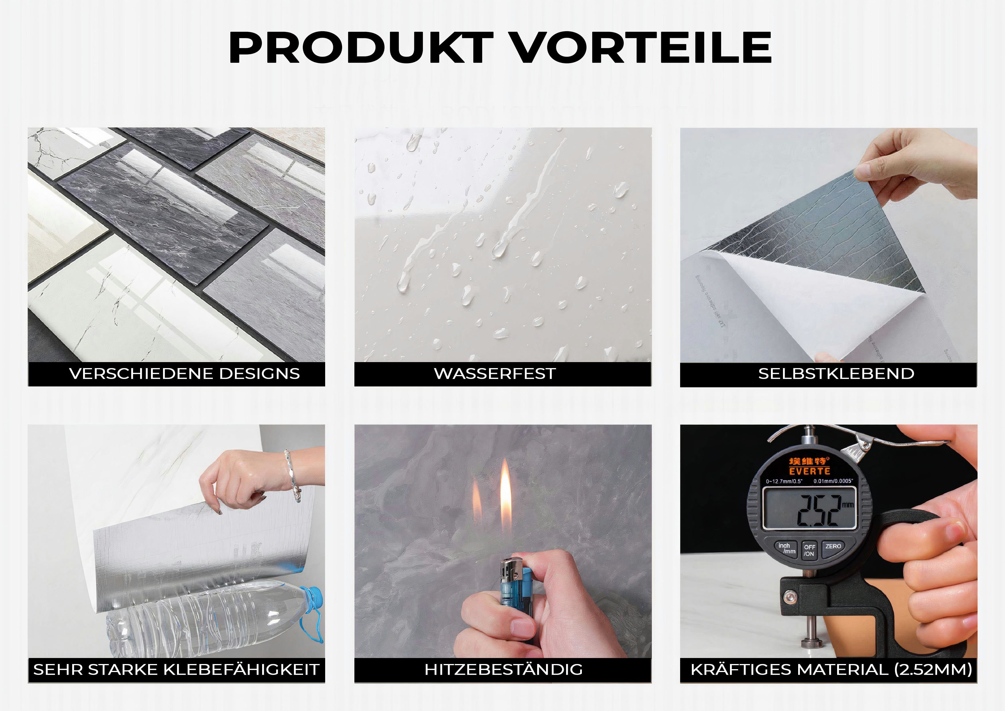 H-basics Fliesenaufkleber Klebefliesen Marmor 10 Stk – 60×30 cm, selbstklebend & wasserfest, Wasserfest, Selbstklebend, Hitzebeständig, Sehr Starke Klebefähigkeit