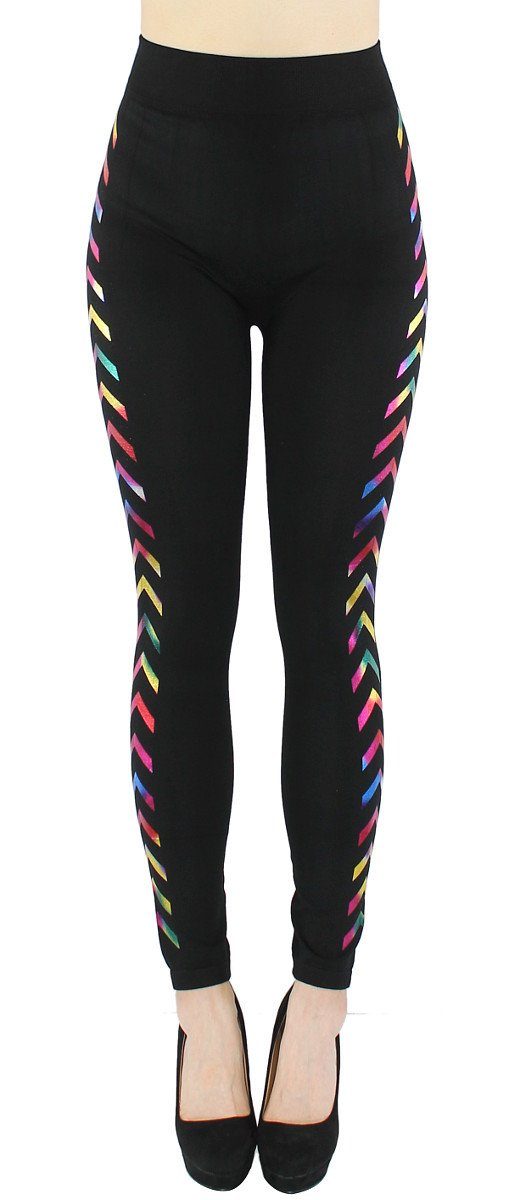 mit Leggins Glitzer dy_mode Damen JL288-Rainbow Leggings Glanz elastischem Druck Highwaist Pfeile mit Muster Leggings Bund Schwarz