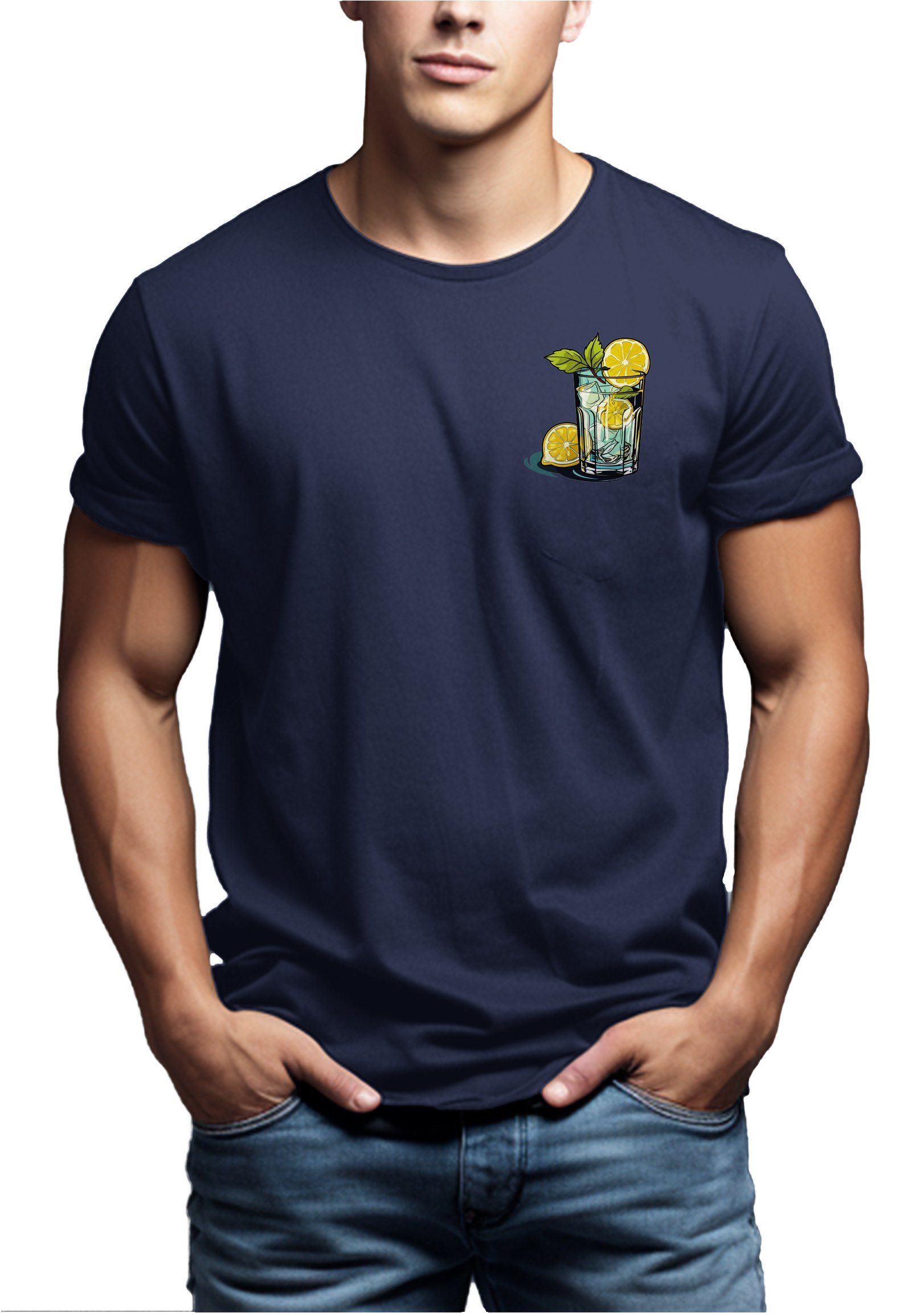 Gläser T-Shirt Tonic Print Baumwolle Motiv Aufdruck Sommer Herren Gin MAKAYA Blau