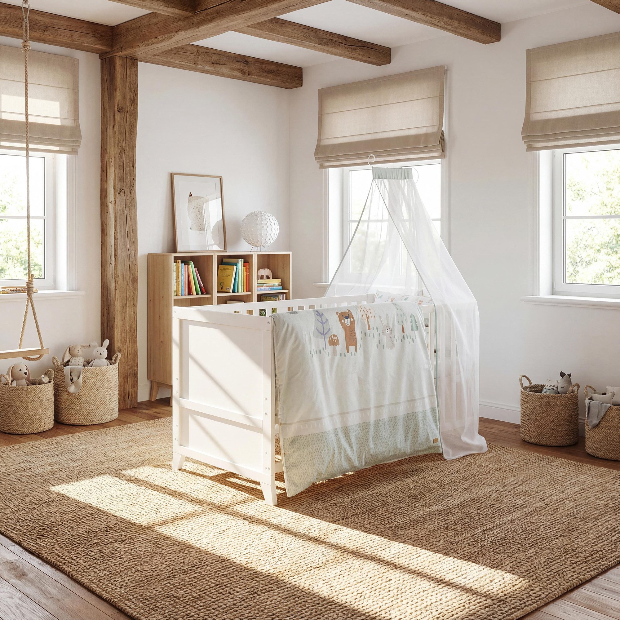 roba® Komplettbett Savanna Friends oder Woodland Buddies 70x140 cm - niedliche Designs, inkl. Bettwäsche, Himmel, & Matratze - Mitwachsendes Babybett - Weiß