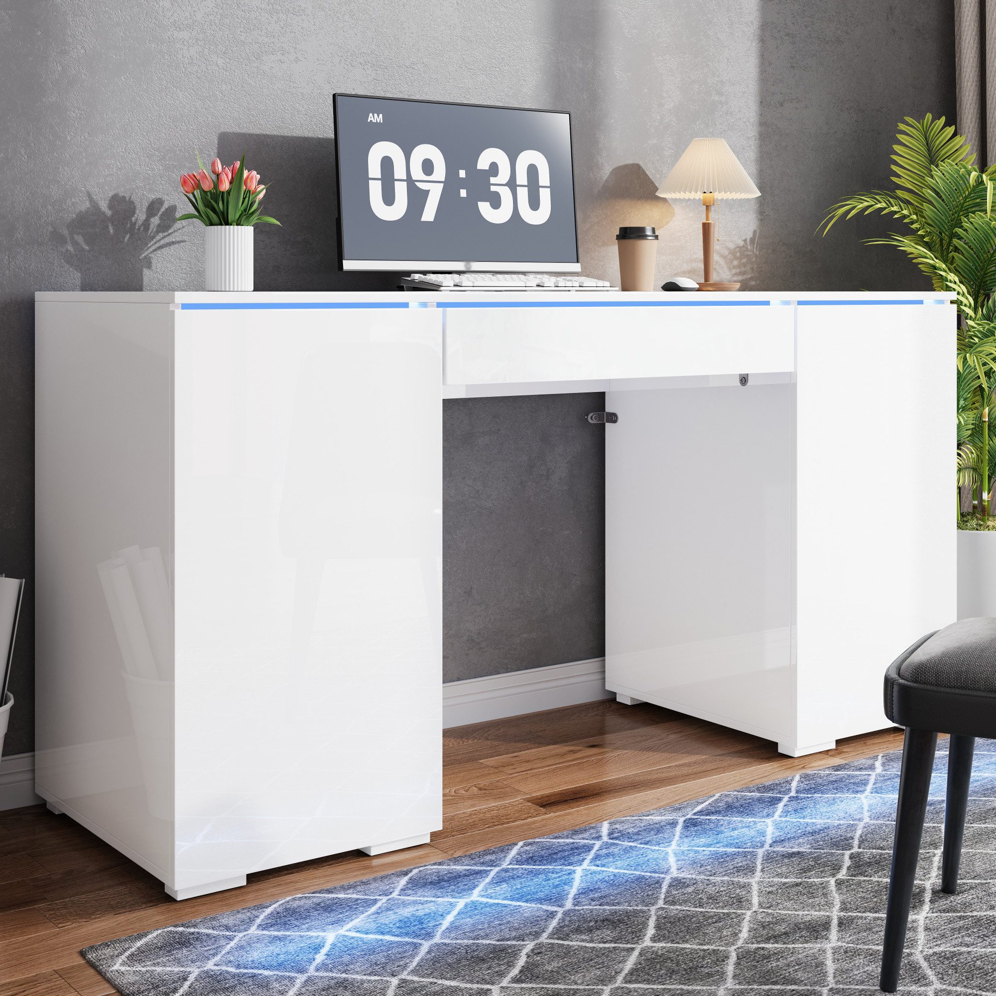 Flieks Schreibtisch Computertisch Arbeitstisch Bürotisch mit LED-Beleuchtung (140x50x78 cm, 1-St., 1 Tisch), Multifunktionstisch mit 2 Schublade und 1 Türen hochglänzend Weiß