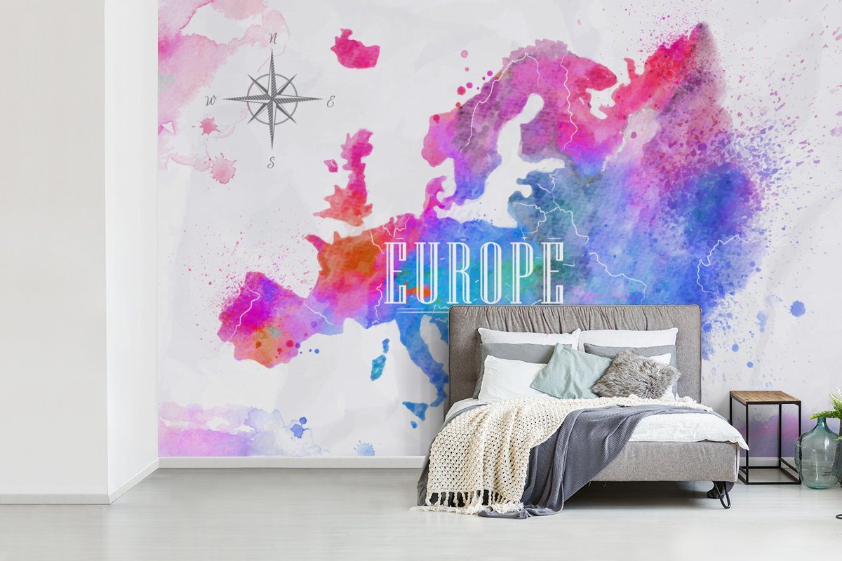 MuchoWow Fototapete Farben - Tapete Wallpaper Wasserfarben Vinyl bedruckt, Matt, für - Schlafzimmer, Wohnzimmer, (6 Europa, Kinderzimmer, St)