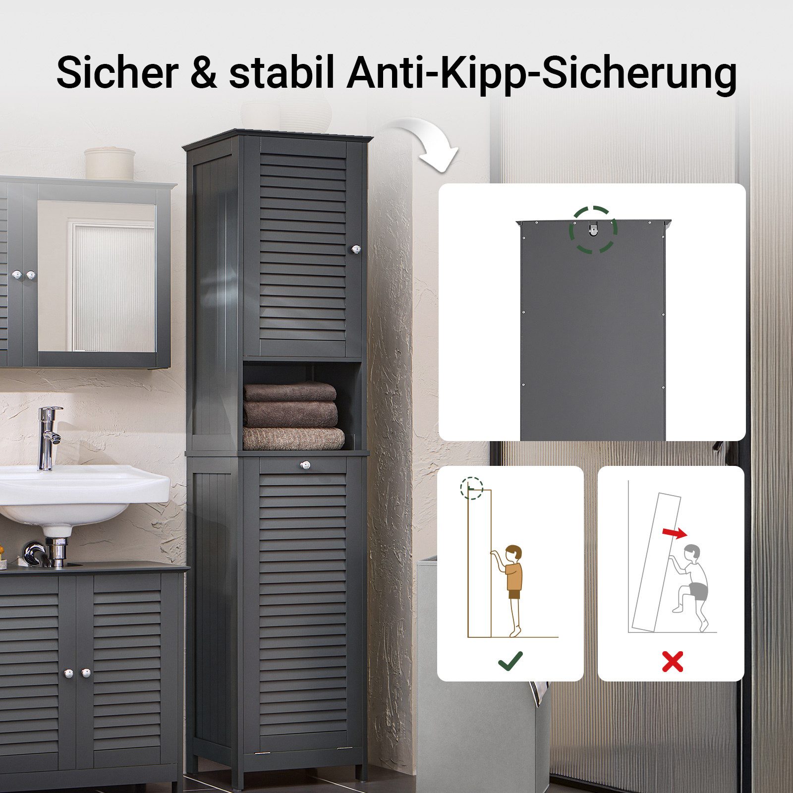 SoBuy Hochschrank BZR124, Badschrank schmal, Badschrank mit Regal, Badezimmer Schrank Badezimmerschrank mit Wäschesack Wäscheschrank Badezimmermöbel – Bild 4 von 5