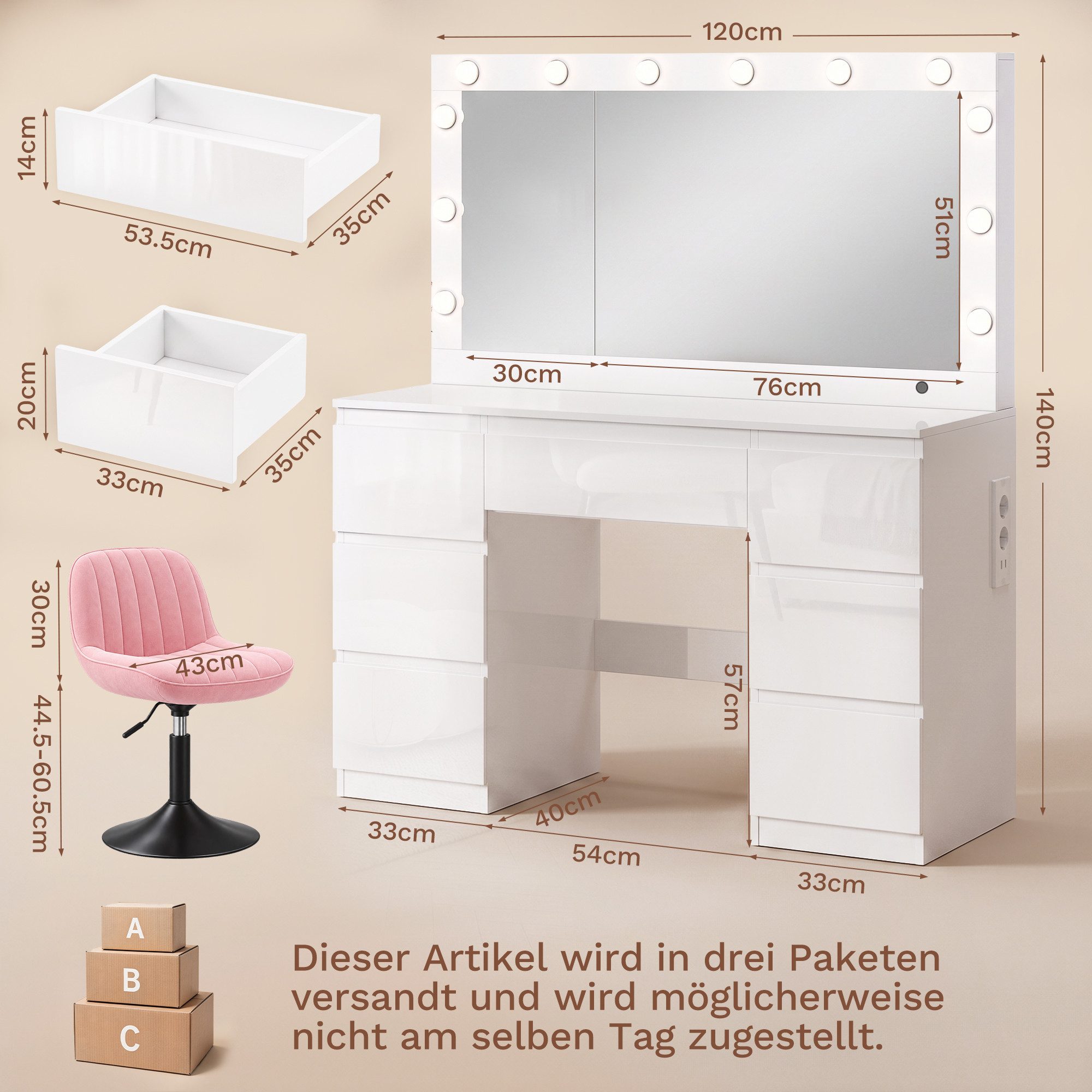 HOMALL Schminktisch Frisiertisch mit Hochglanzoberfläche, LED-Beleuchtung, mit Schmuckfach (Maße: 120 × 40 × 140 cm, mit 7 Schubladen, 2 Steckdosen, 1 USB-Ansch – Bild 2 von 5
