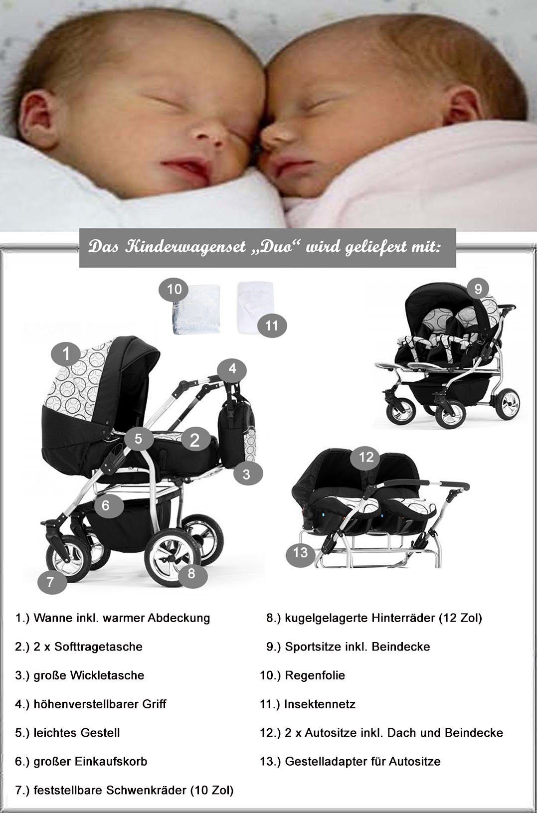 Zwillingskinderwagen Duo Zwillings-Kombikinderwagen 1 - 38 3 - Schwarz-Rosa 13 Elcar in Teile in Farben