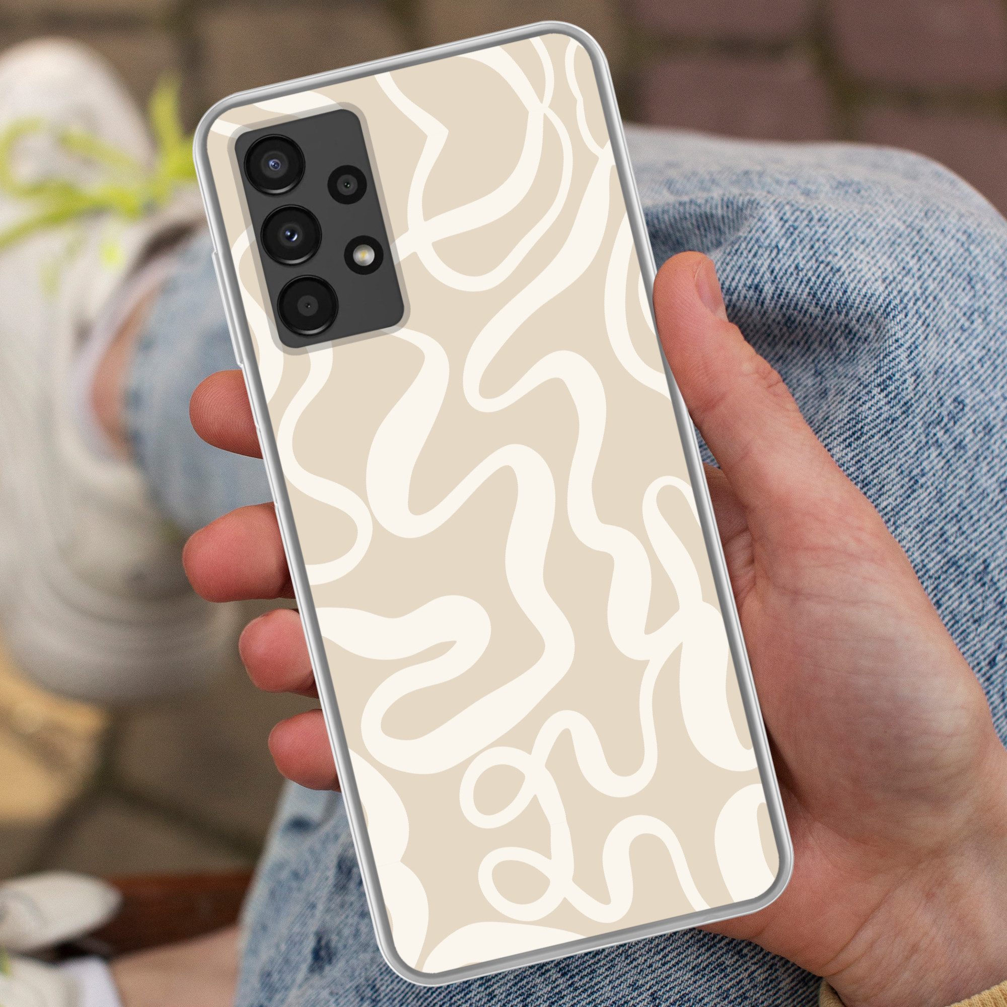 MuchoWow Handyhülle für Samsung Galaxy A13 4G Linien - Abstrakt - Beige - Weiß - Minimalis, Smartphone-Bumper, Print, Handy Schutzhülle Dünn