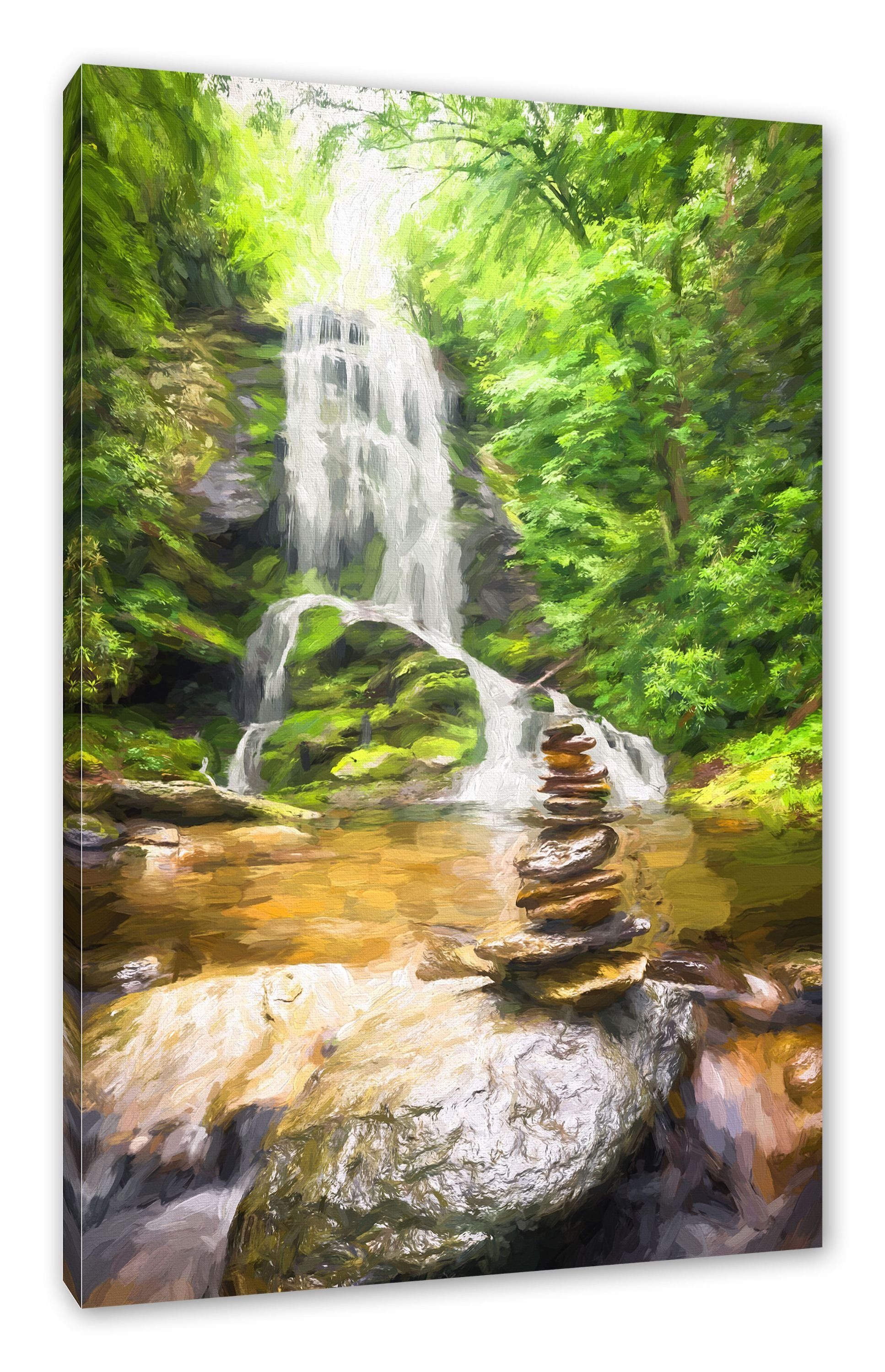 Pixxprint Leinwandbild Zen Steine Leinwandbild vor Kunst, Wasserfall vor Zen Wasserfall Zackenaufhänger Kunst (1 St), bespannt, Steine fertig inkl