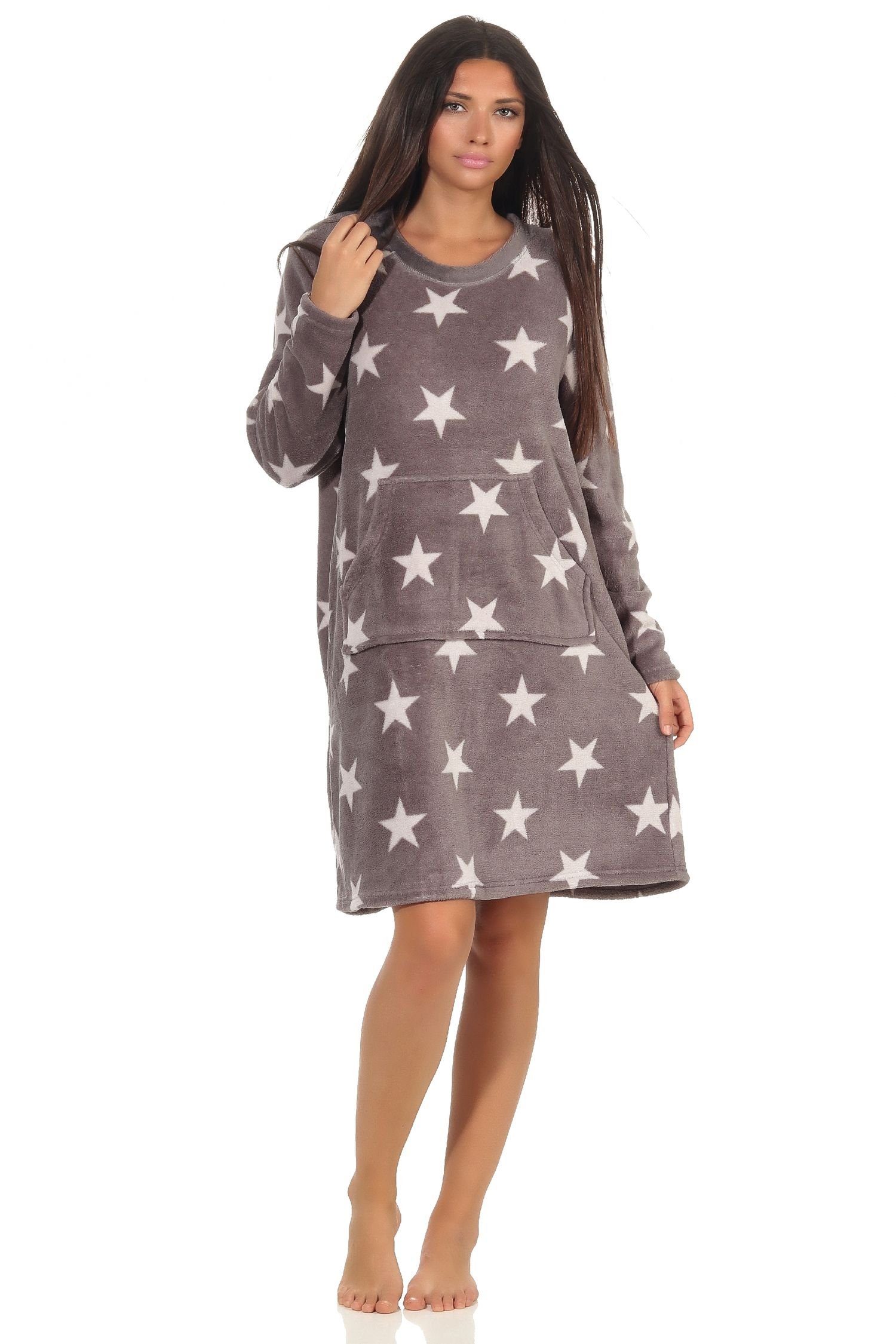 Normann Nachthemd Damen Nachthemd Hauskleid in Sterne Optik aus kuschel Coral Fleece grau