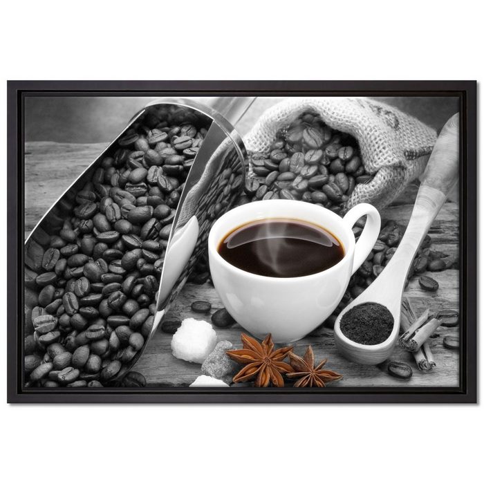 Pixxprint Leinwandbild Kaffee neben Kaffeebohnen Wanddekoration (1 St) Leinwandbild fertig bespannt in einem Schattenfugen-Bilderrahmen gefasst inkl. Zackenaufhänger