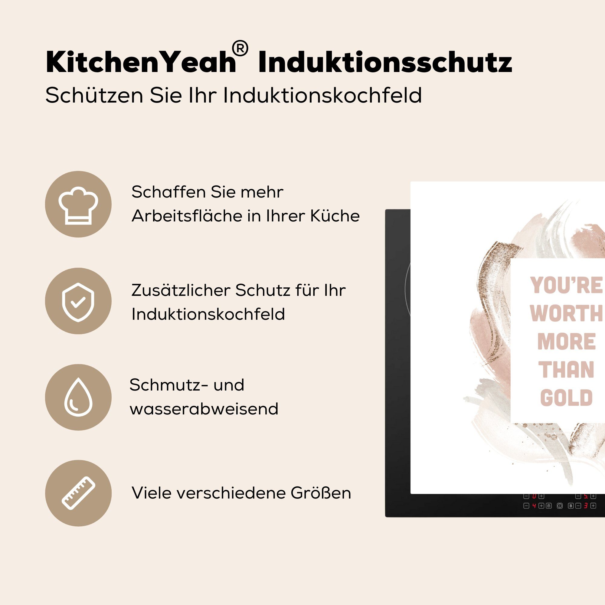 Arbeitsplatte küche - 78x78 Herdblende-/Abdeckplatte Motivation Zitat Vinyl, Rosa, - für tlg), (1 Aquarell cm, MuchoWow Ceranfeldabdeckung,