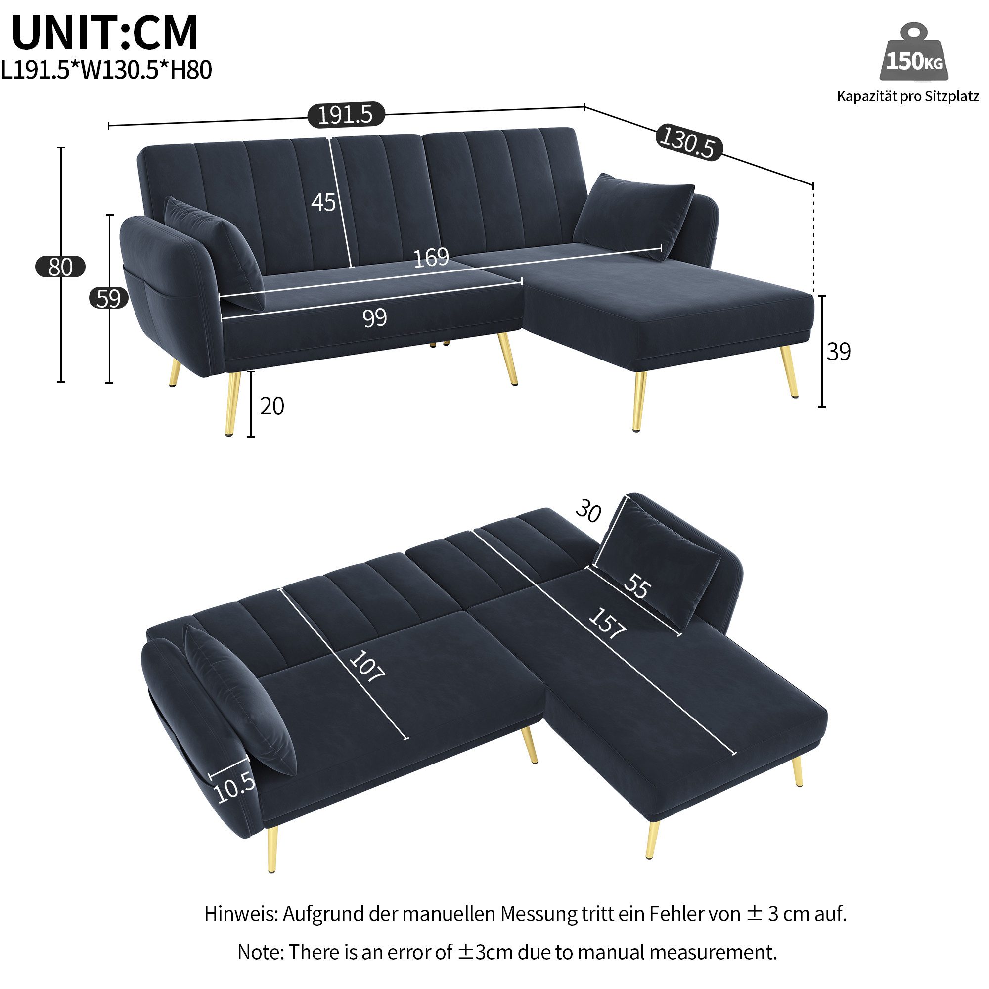 Ulife Sofa Ecksofa mit Schlaffunktion, Klappsofa, L-förmiges Sofa, mit vers günstig online kaufen