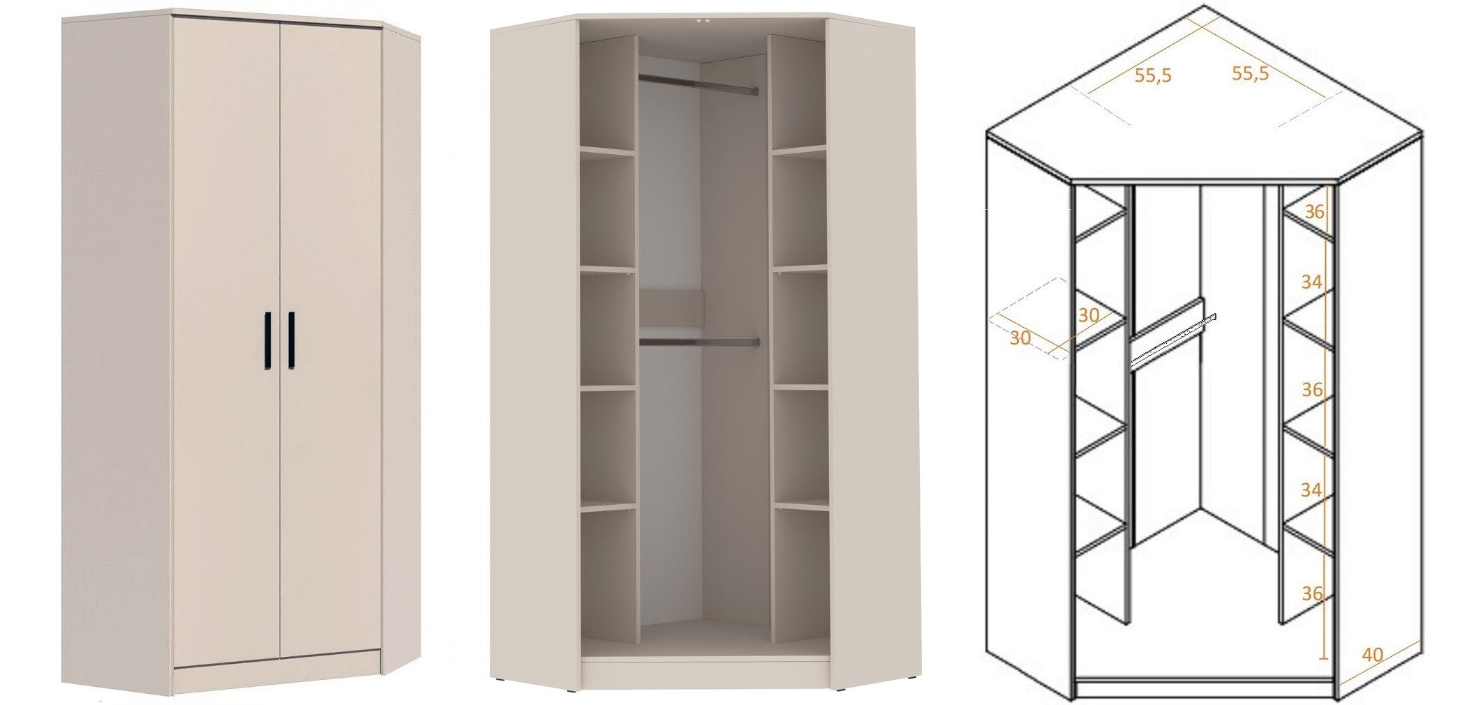 Marmex Möbel Mehrzweckschrank-Set Grant Set 38 C, (3-St., Regal, Eckschrank, Kommode), Soft-Close-Scharniere, Vollauszug der Schubladen