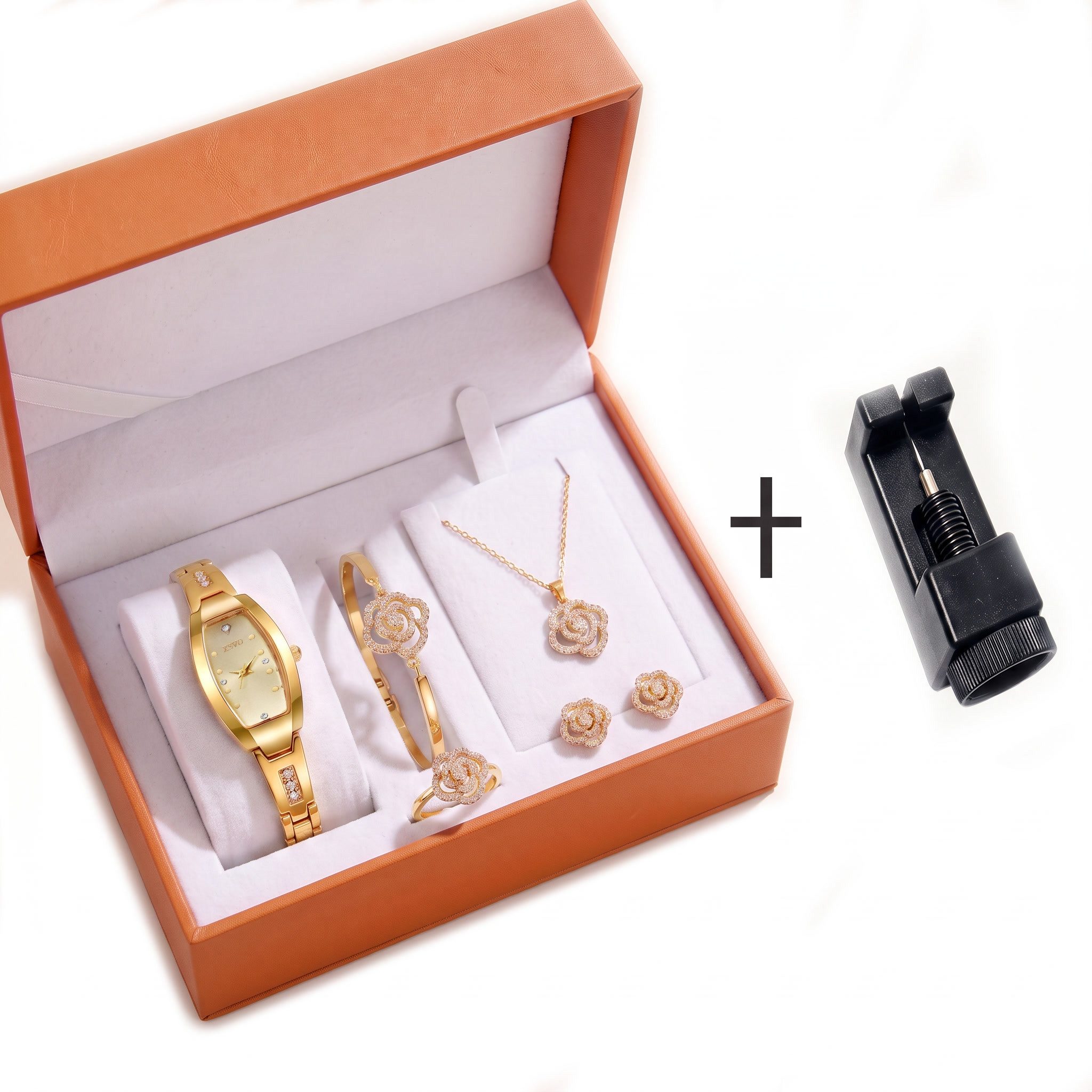 ibettertec Quarzuhr Damen Schmuckset mit Uhr, elegantes Geschenk für Frauen, (Set, 1-tlg., Weihnachtsgeschenk für Frauen), Goldfarbenes Damenuhr- & Schmuckset mit floralem Kristalldesign