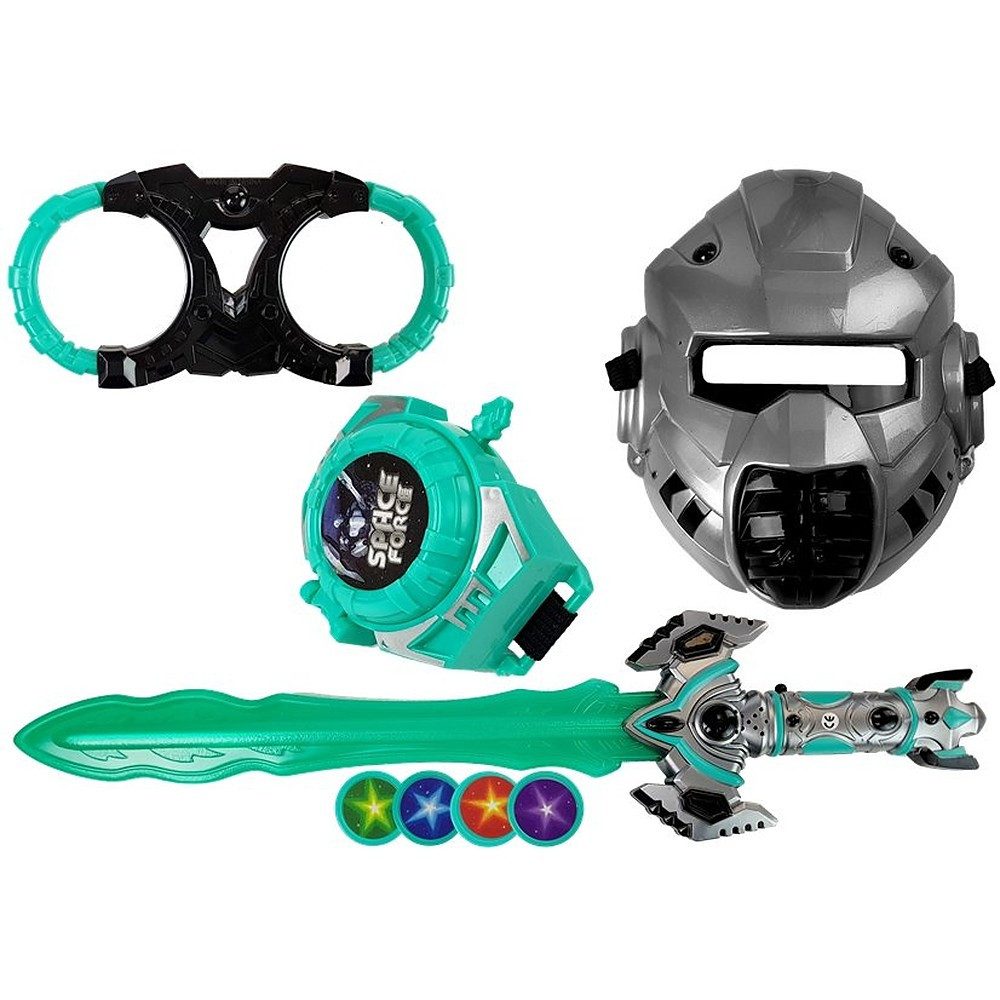 LEAN TOYS Lichtschwert Leuchtschwert Weltraumschwert Kostümset (Spar-Set, 1-tlg., 57 x 15 x 4 cm leuchtend), Licht- & Klangeffekte, Scheibenwerfer, Maske, 57 cm