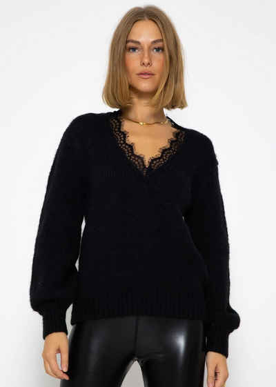 SASSYCLASSY Strickpullover Oversize Pullover Damen aus weichem Grobstrick Lässiger Strickpullover mit Spitzen-Ausschnitt