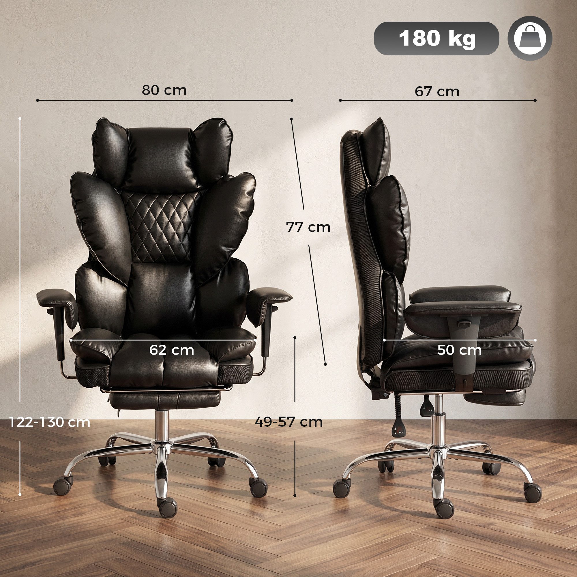 HOMCOM Bürostuhl Chefsessel mit Taschenfederkern (Set, 1 St), 135° neigbar, Fußstütze, bis 180 kg – Bild 3 von 5