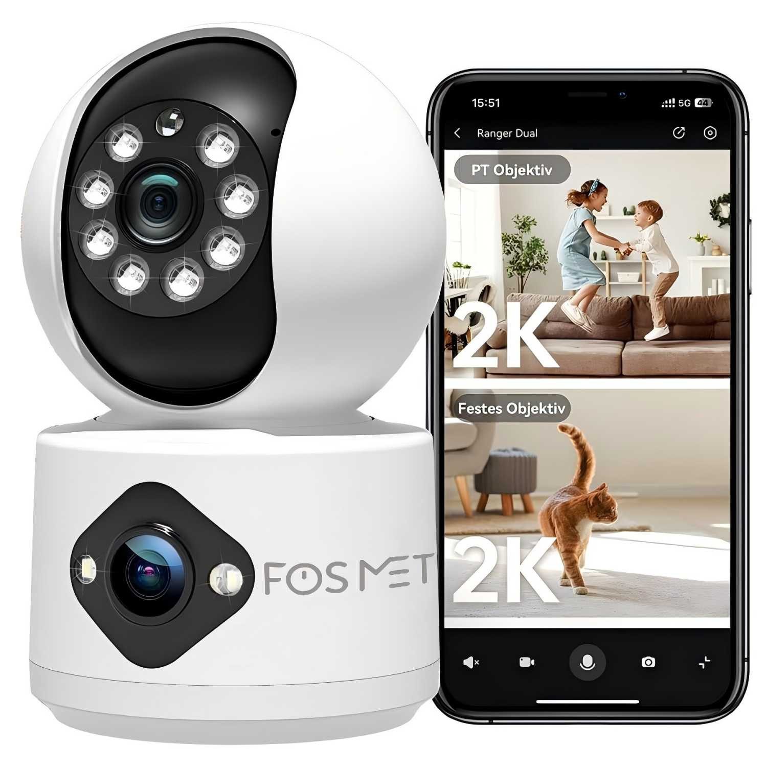 FOSMET Überwachungskamera 2K+2K PTZ Dual-Linsen Überwachungskamera Innen WLAN,355°/90° Babyphone (2.4GHz Hundekamera,Farbnachtsicht,Automatischer Verfolgung,Sirene,2-Wege-Audio, Automatische Verfolgung,2-Wege-Audio, Sirene, Modus Privat, mit KI Mensch/Tier, Farbnachtsicht, PTZ WLAN Überwachungskamera Innen)