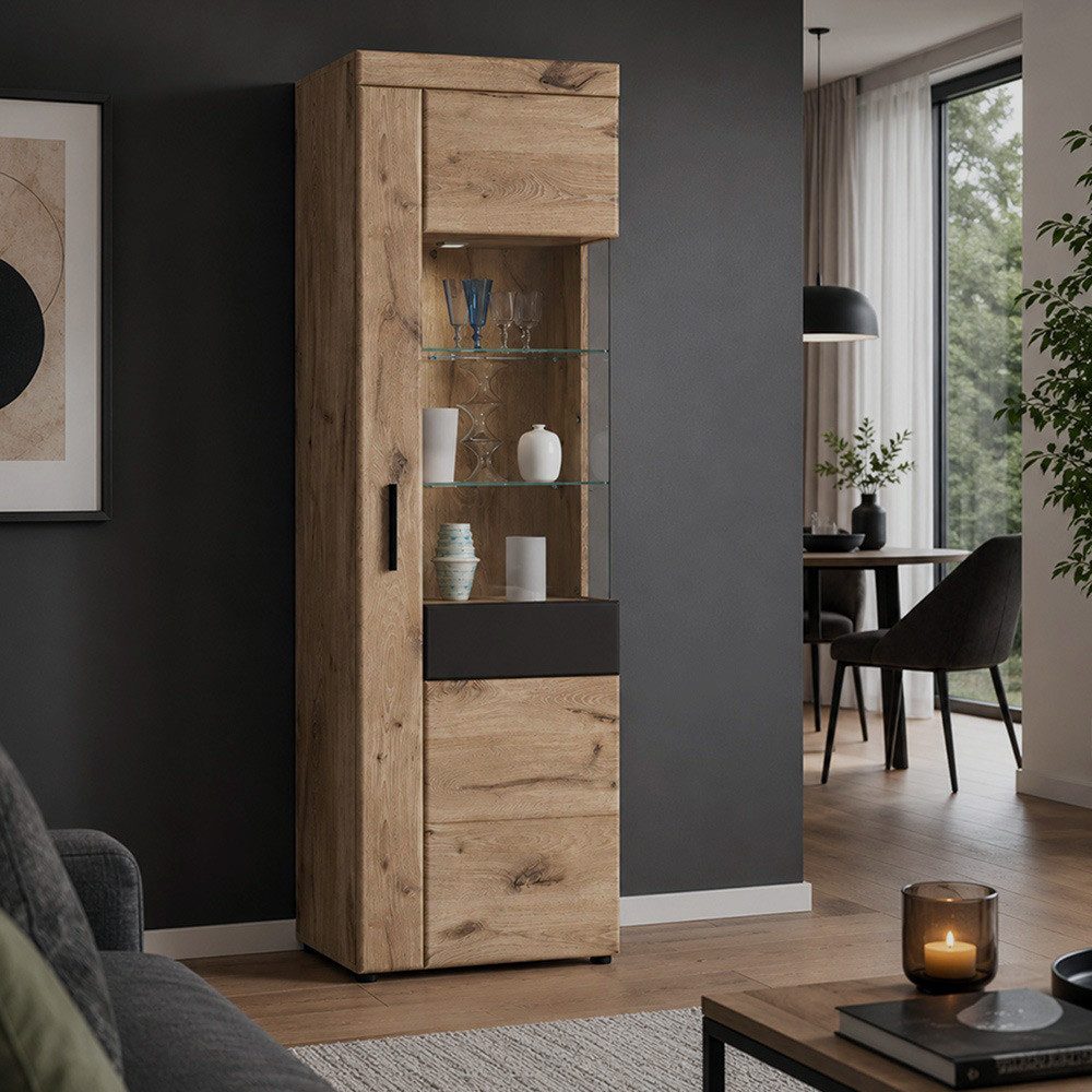 Lomadox Vitrine GRAHAM-129 Eiche Dekor mit Grau 58 cm Softclose inkl. Beleuchtung