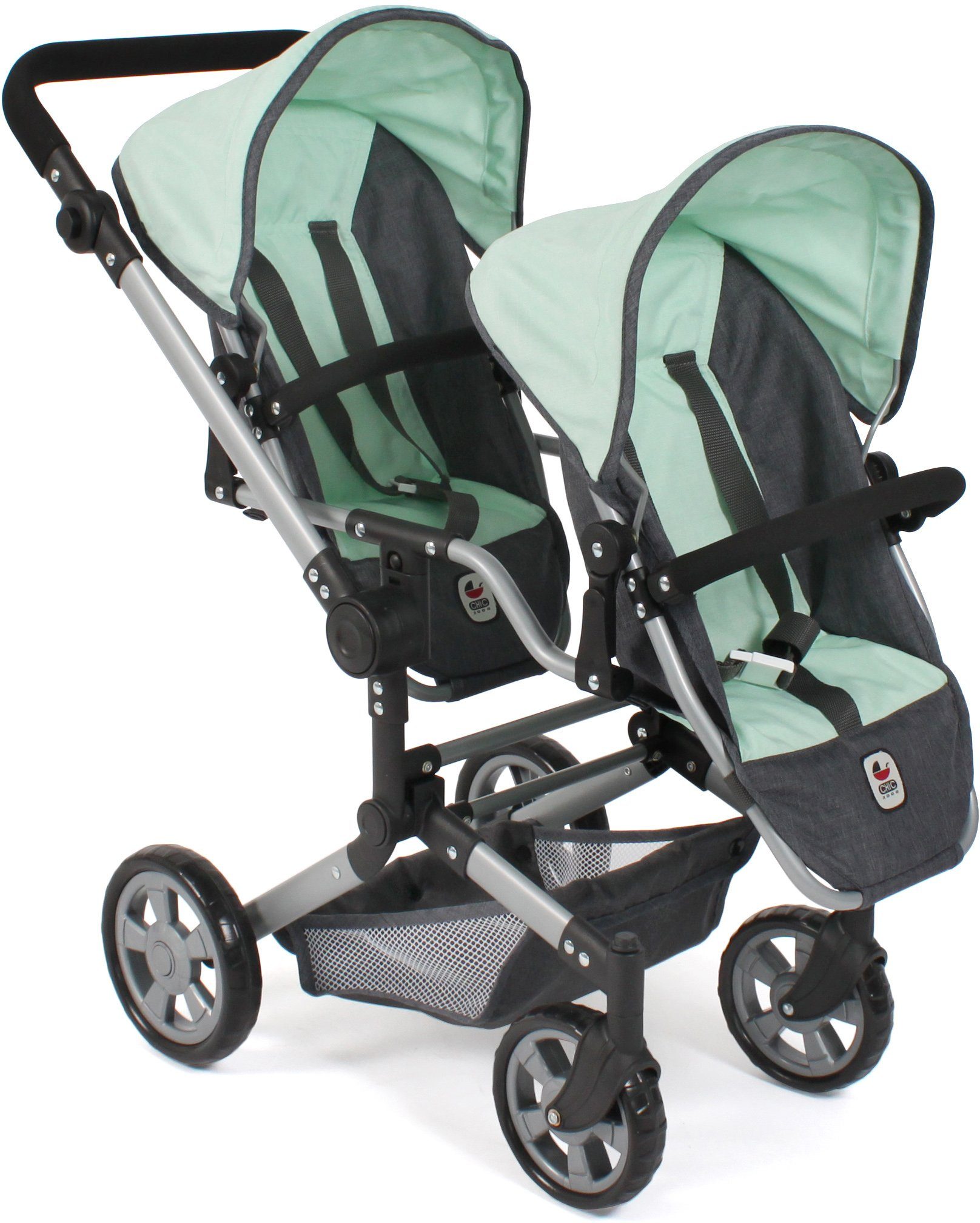 CHIC2000 Puppen-Zwillingsbuggy Linus Duo, Grau-Mint, mit zwei abnehmbaren, bis in Liegeposition verstellbaren Sportsitzen