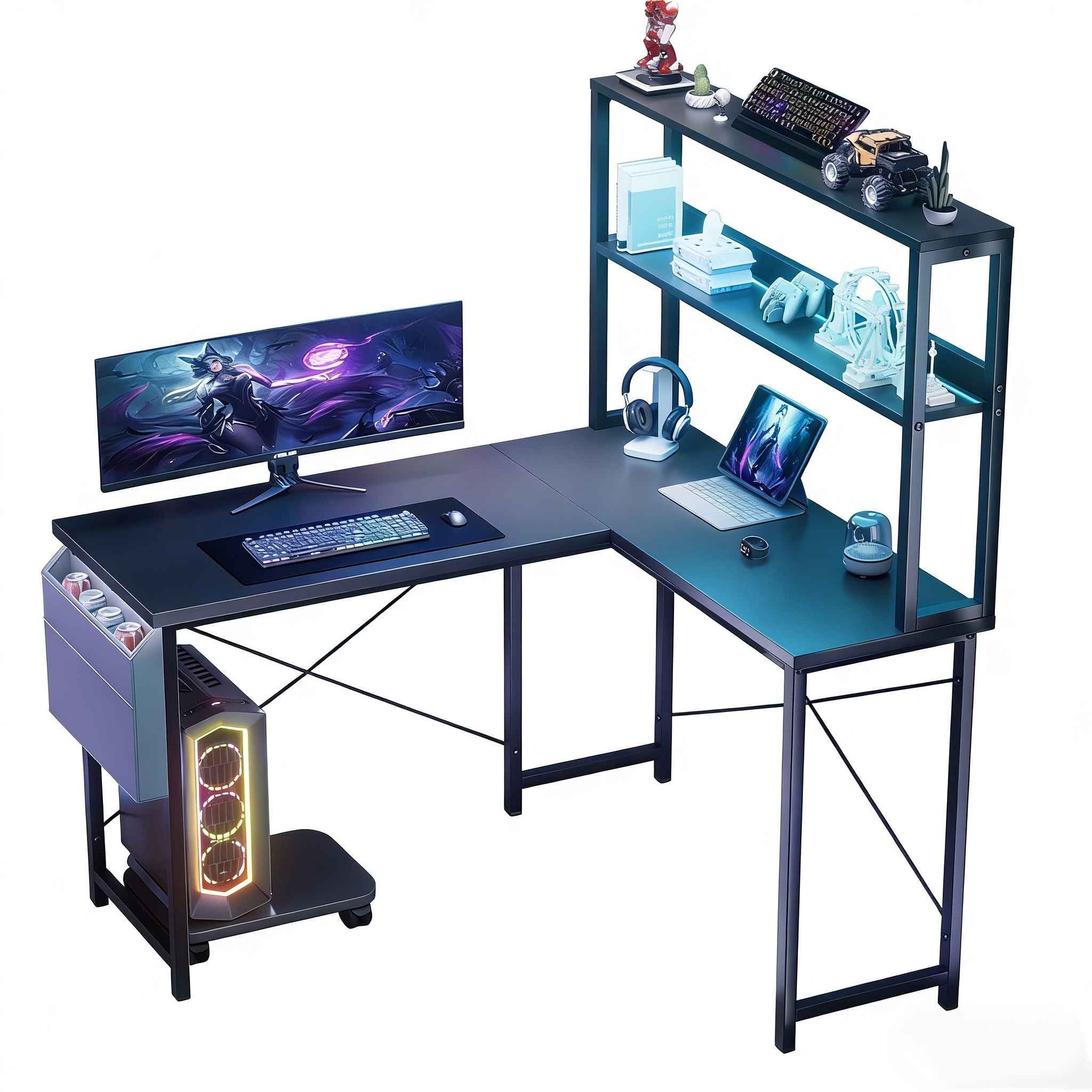 Aiorber Computertisch Eckschreibtisch Gamingtisch L-Form 110x80x148cm Schwarz mit LED Ablage, L-förmigMit Ablageböden