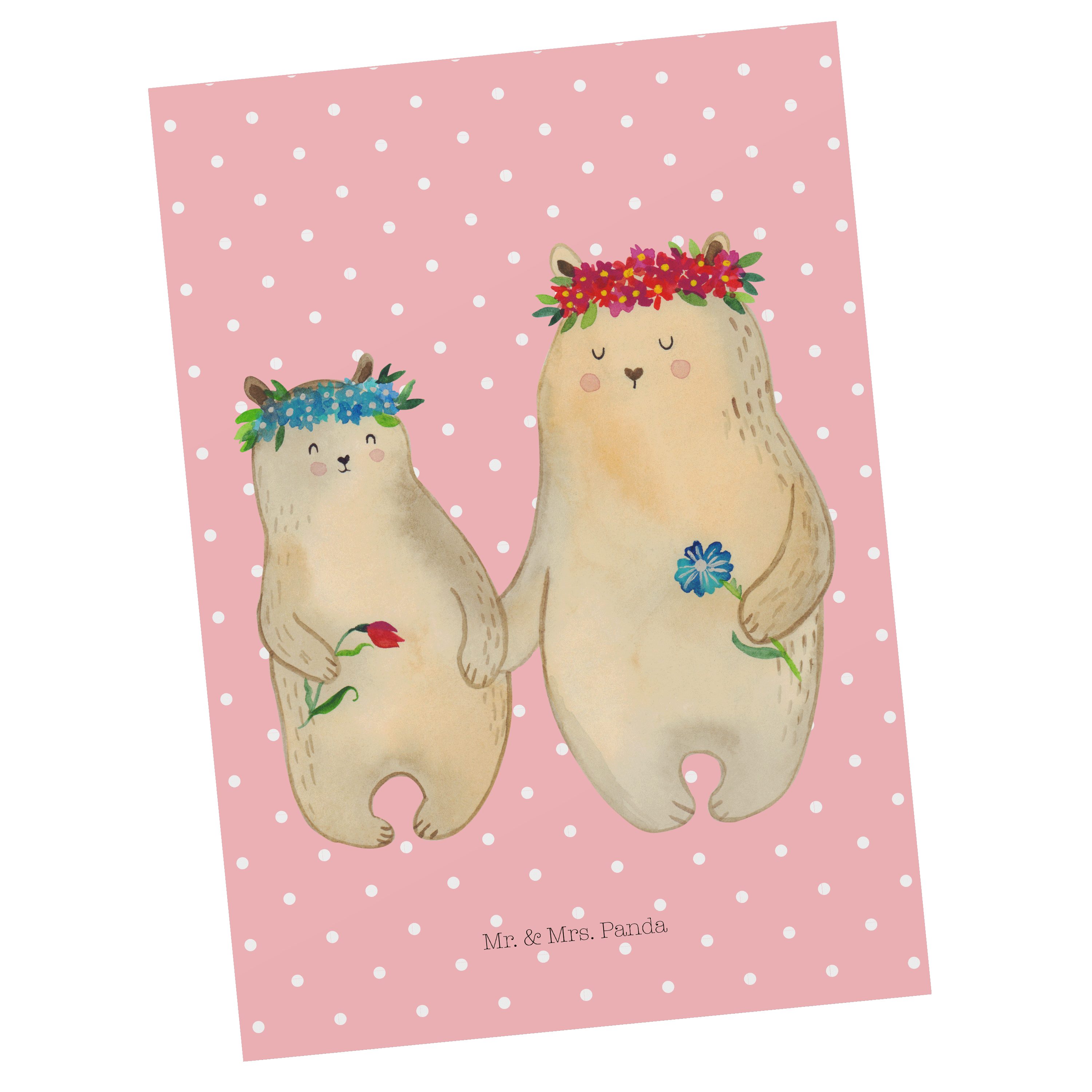 Mr. & Mrs. Panda Postkarte Bären mit Blumenkranz - Rot Pastell - Geschenk, Opa, Geschenkkarte, M