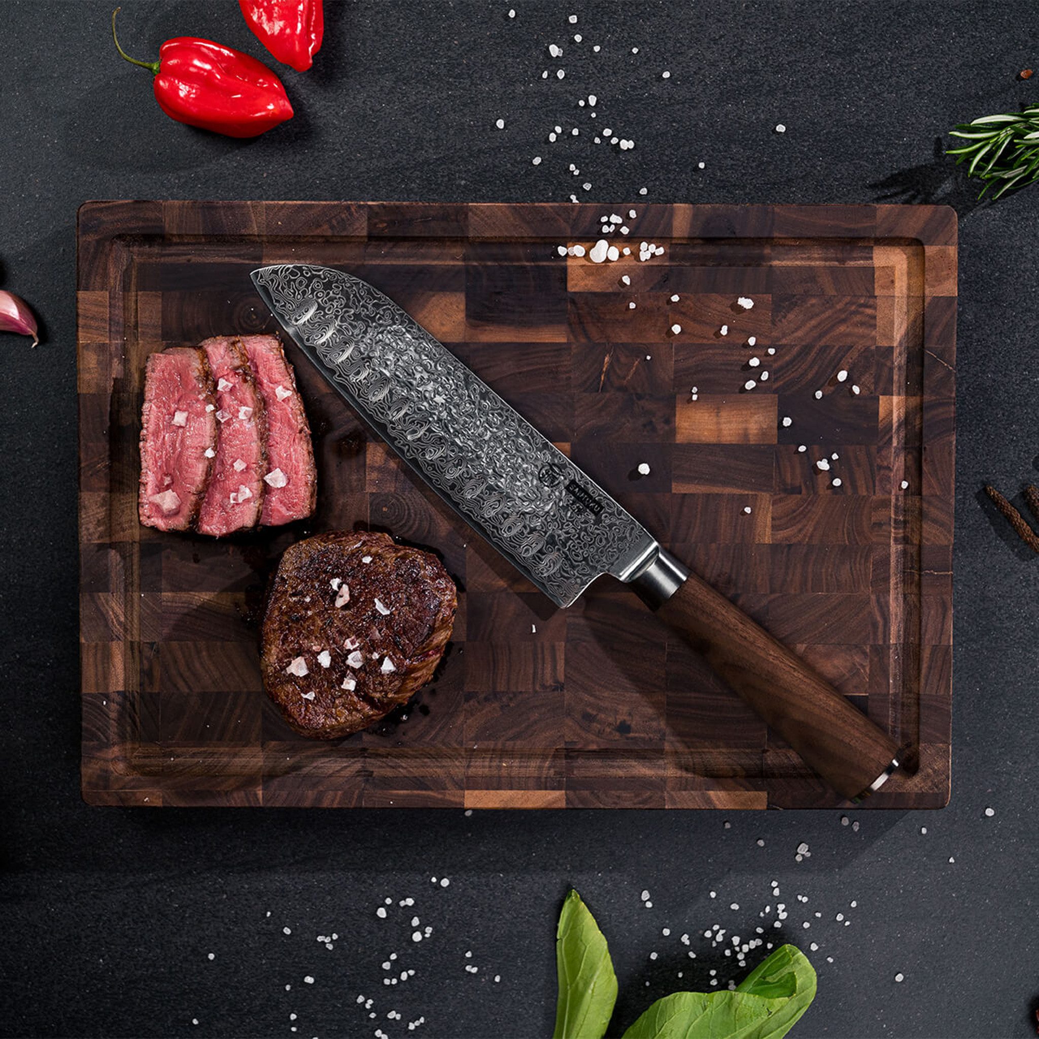 HITOFURI® Damastmesser HITOFURI® SANTOKU Damaskusmesser Universalmesser Premium Messer 73Lag., inkl. einer edlen Holzbox, Messerscheide, Pflegetuch sowie Pflege – Bild 5 von 5