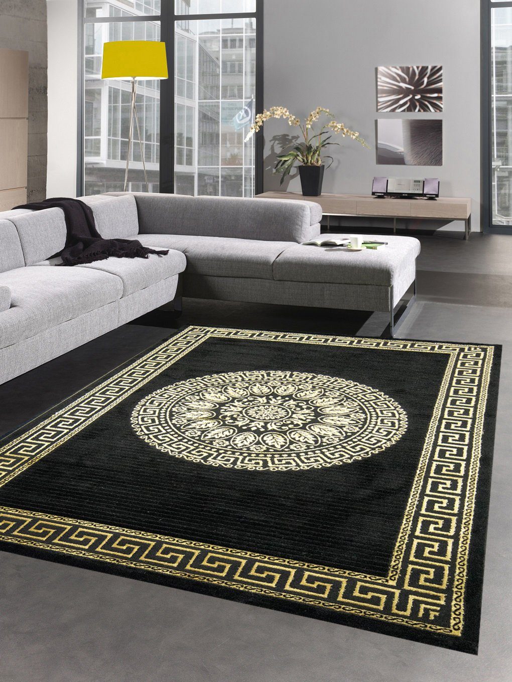 Teppich »Teppich Wohnzimmer mit Bordüre Mäander Muster schwarz gold«,  Carpetia, rechteckig, Höhe 12 mm online kaufen | OTTO