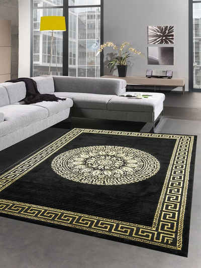 Teppich Teppich Wohnzimmer mit Bordüre Mäander Muster schwarz gold, Carpetia, rechteckig, Höhe: 12 mm