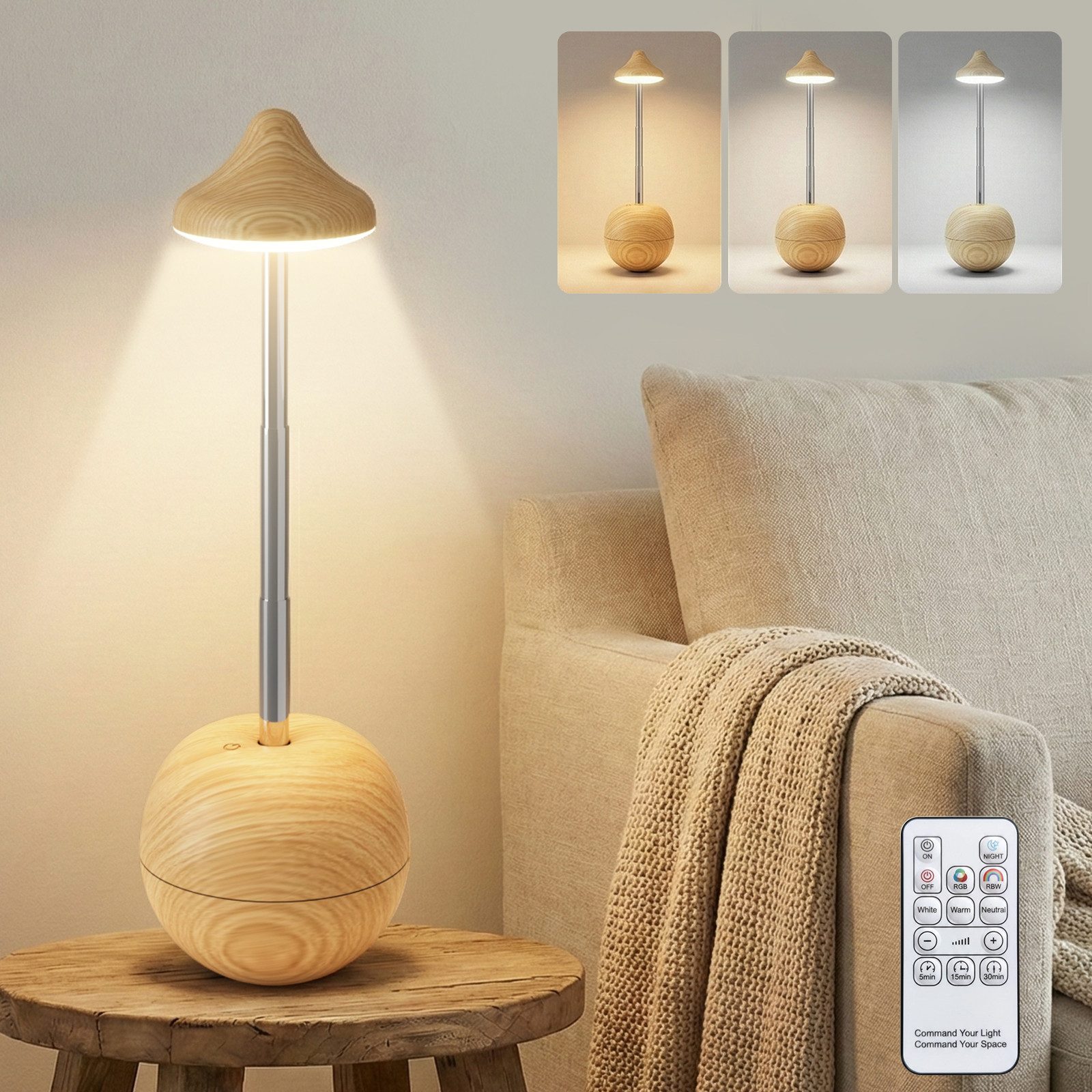 Lapalife Nachttischlampe Akku Nachtlicht, Dimmbar, Kabellos Pilz Lampe RGB Tischlampe, LED fest integriert, Mit Fernbedienung & Touch, für Kinderzimmer, Schlafzimmer