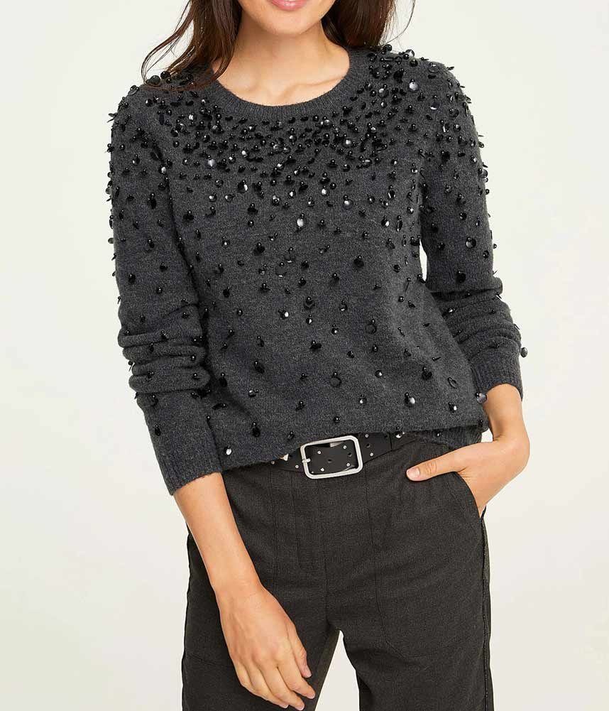 Rick by rick cardona Wickelpullover RICK CARDONA Damen Designer-Pullover m. Perlen, anthrazit