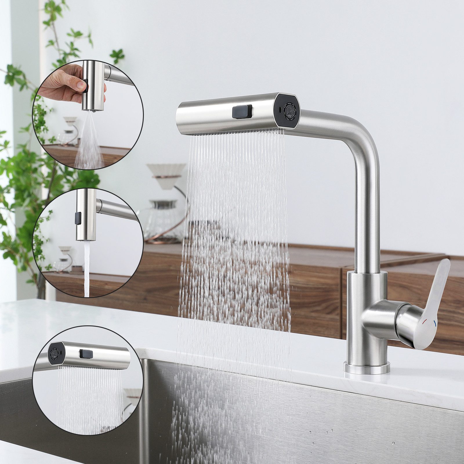 Nettlife Küchenarmatur Schwarz Ausziehbar Waterfall Spültischarmatur günstig online kaufen