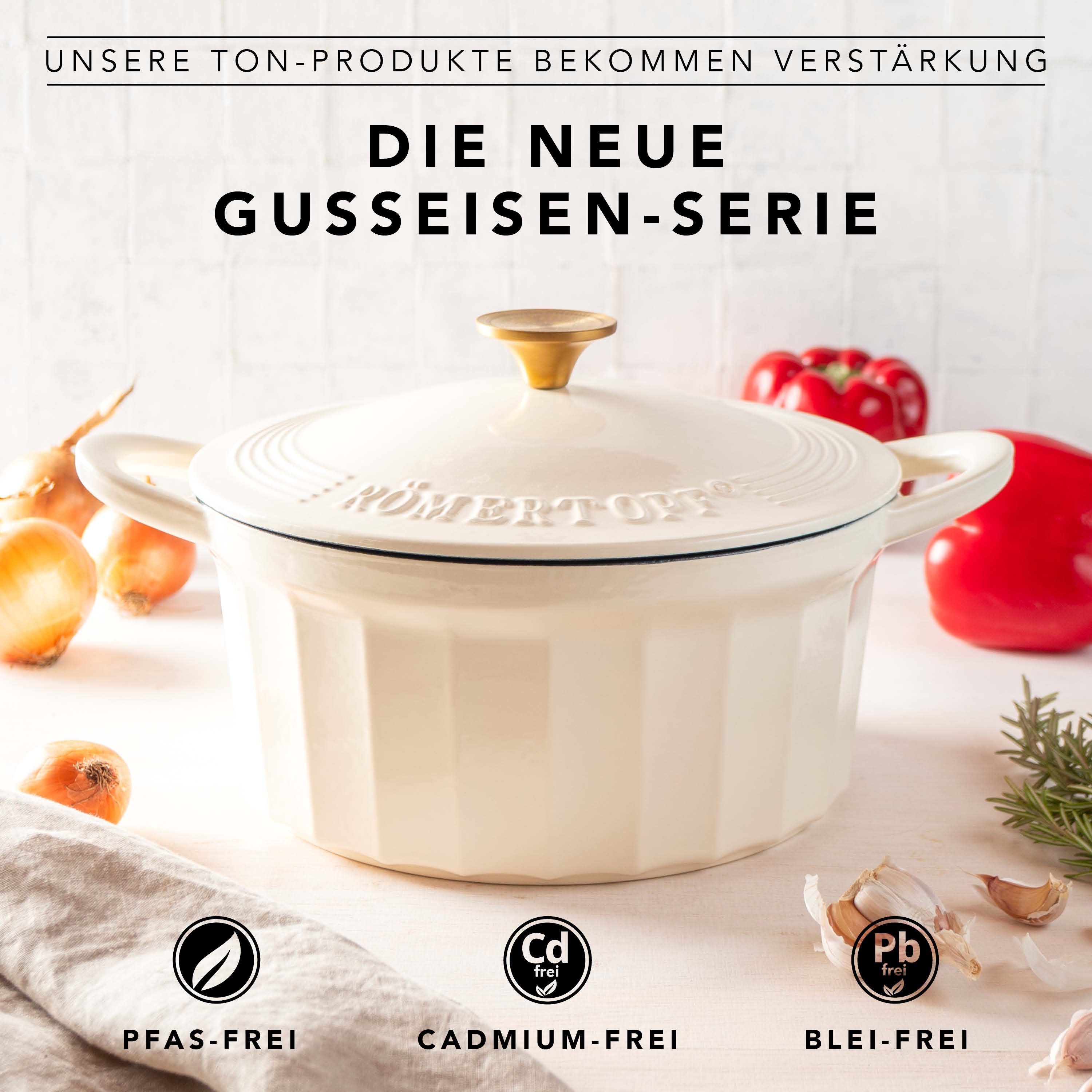 RÖMERTOPF Bratentopf Gusseisen Topf 24cm Creme, Gusseisen (Set, 2-tlg., Set mit Deckel), Backofengeeignet Induktionsgeeignet Zum Braten, Schmoren, Kochen