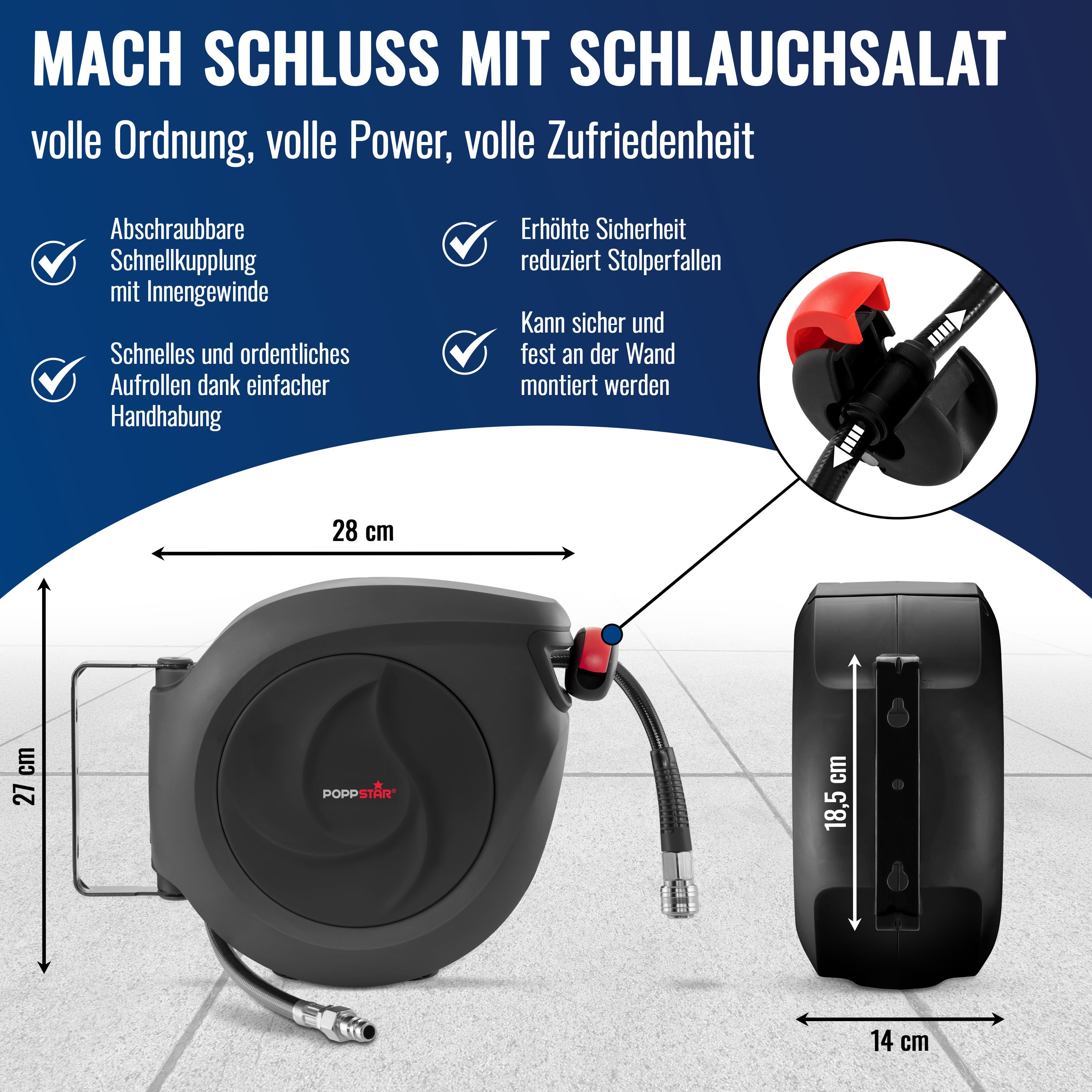 Poppstar Schlauchtrommel, (Premium Druckluft Schlauchaufroller), Automatik Druckluft Schlauchtrommel mit 10m Druckluftschlauch