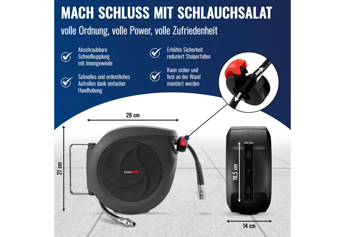 Thumbnail - Poppstar Schlauchtrommel, (Premium Druckluft Schlauchaufroller), Automatik Druckluft Schlauchtrommel mit 10m Druckluftsc...