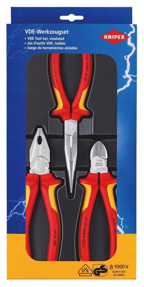 Knipex Zangenset 00 20 12 Elektro-Paket, 1-tlg., (SB-Karte/Blister),  Werkzeuge im Kunststoff-Tiefziehteil mit transparentem Deckel