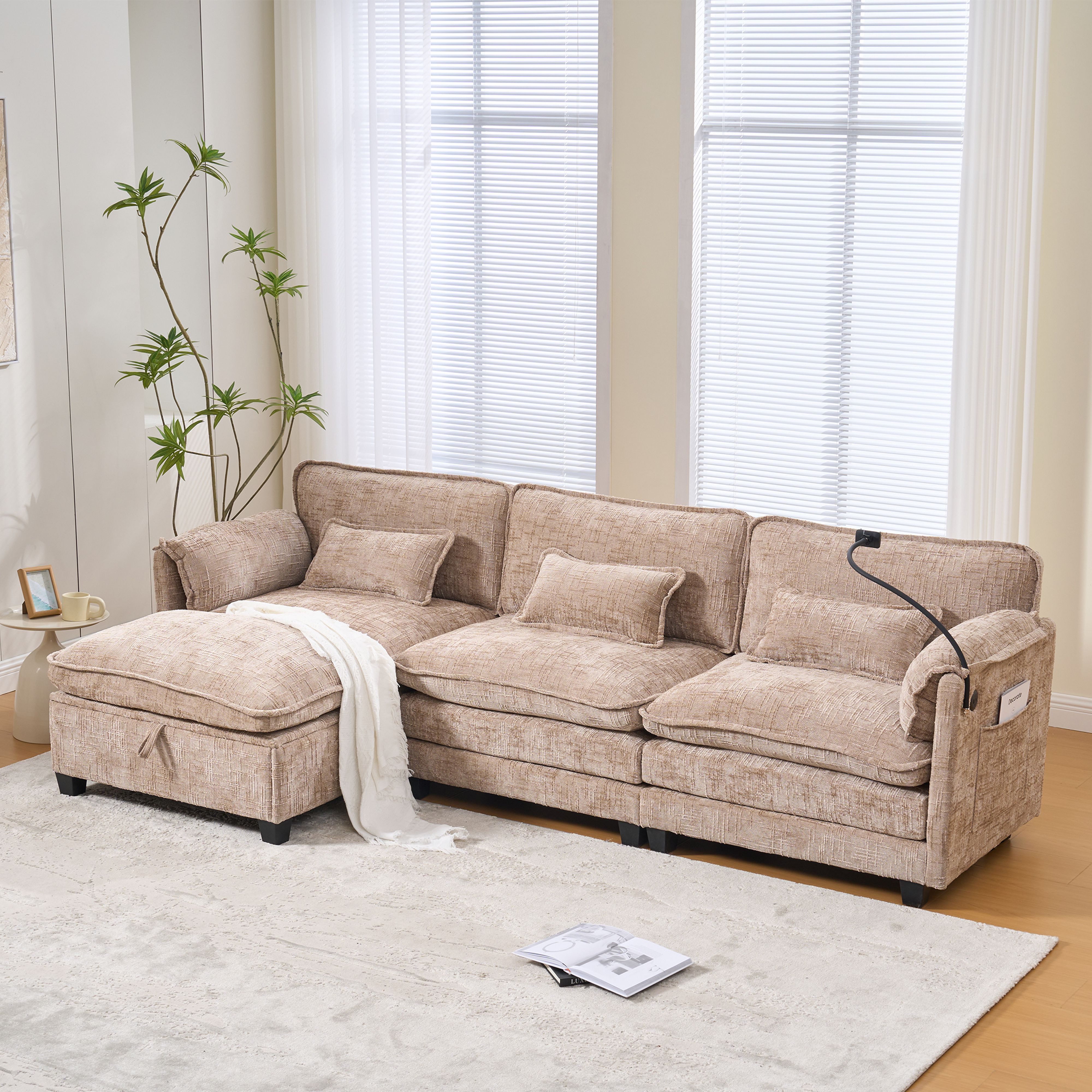 BlingBin Sofa Moderner 2-Sitzer aus Chenille, Loungesofa Mit USB-Anschluss, 1er Set 1 Teile, Mit Seitentasche, Handyhalter und Modularen Hockern, Khaki