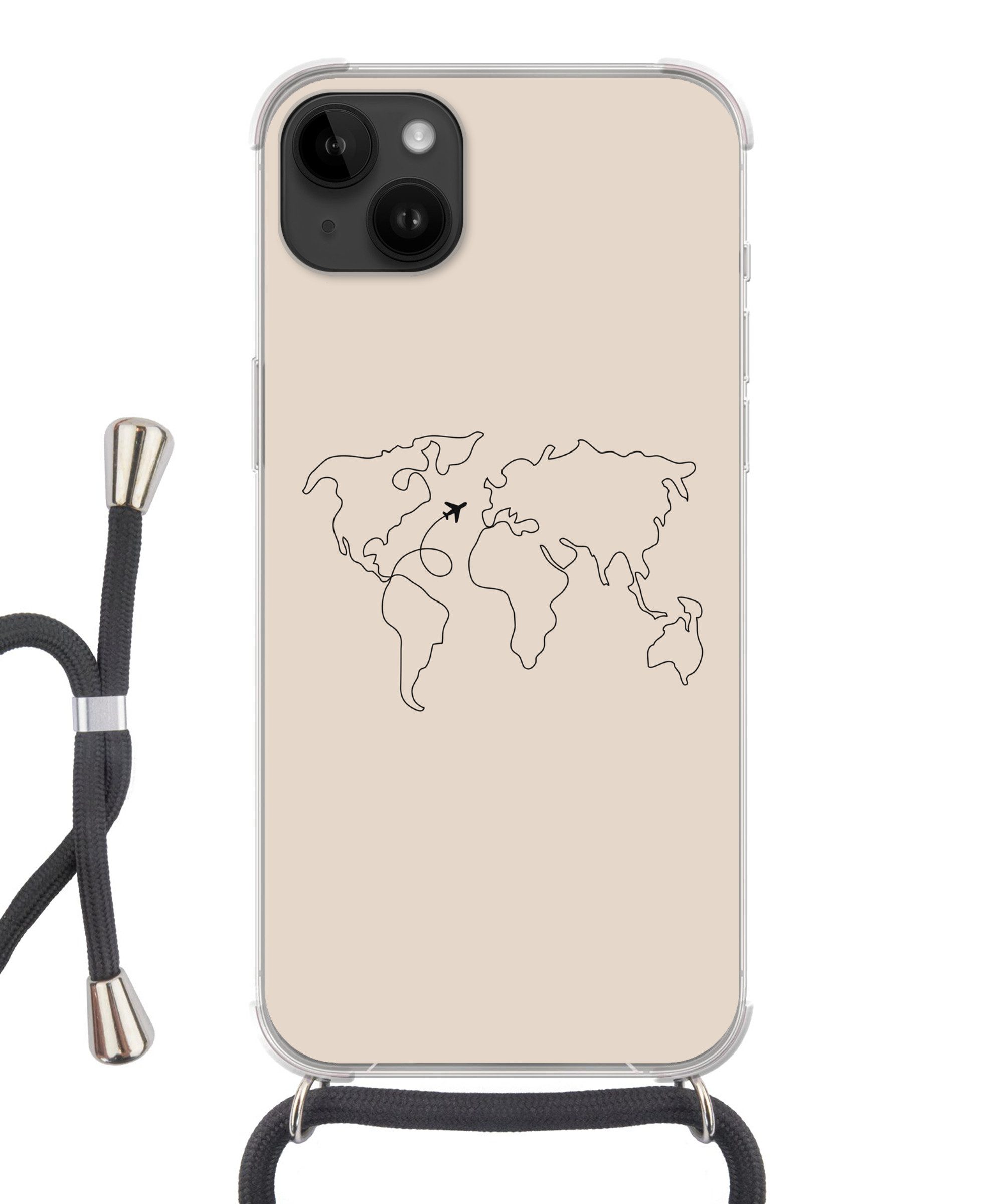 MuchoWow Handyhülle für Apple iPhone 14 Max Weltkarte - Einfach - Flugzeug, Tragbare Handyhüllen mit Kette zum umhängen, Handykette Handyband