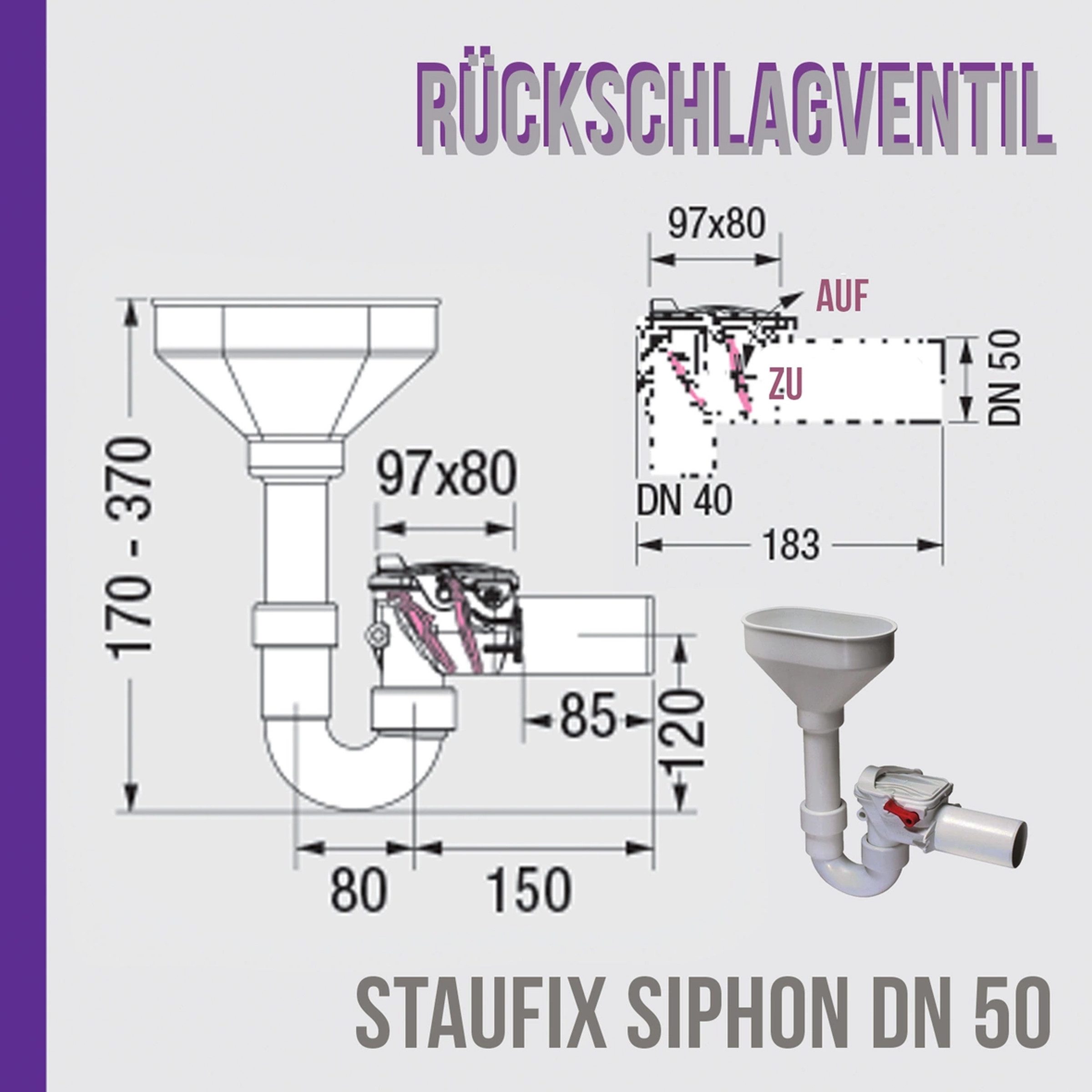 Kessel Ablaufventil Kessel Staufix Siphon DN 50 Kondensat Doppel-Rückstauverschluss, 1-tlg.