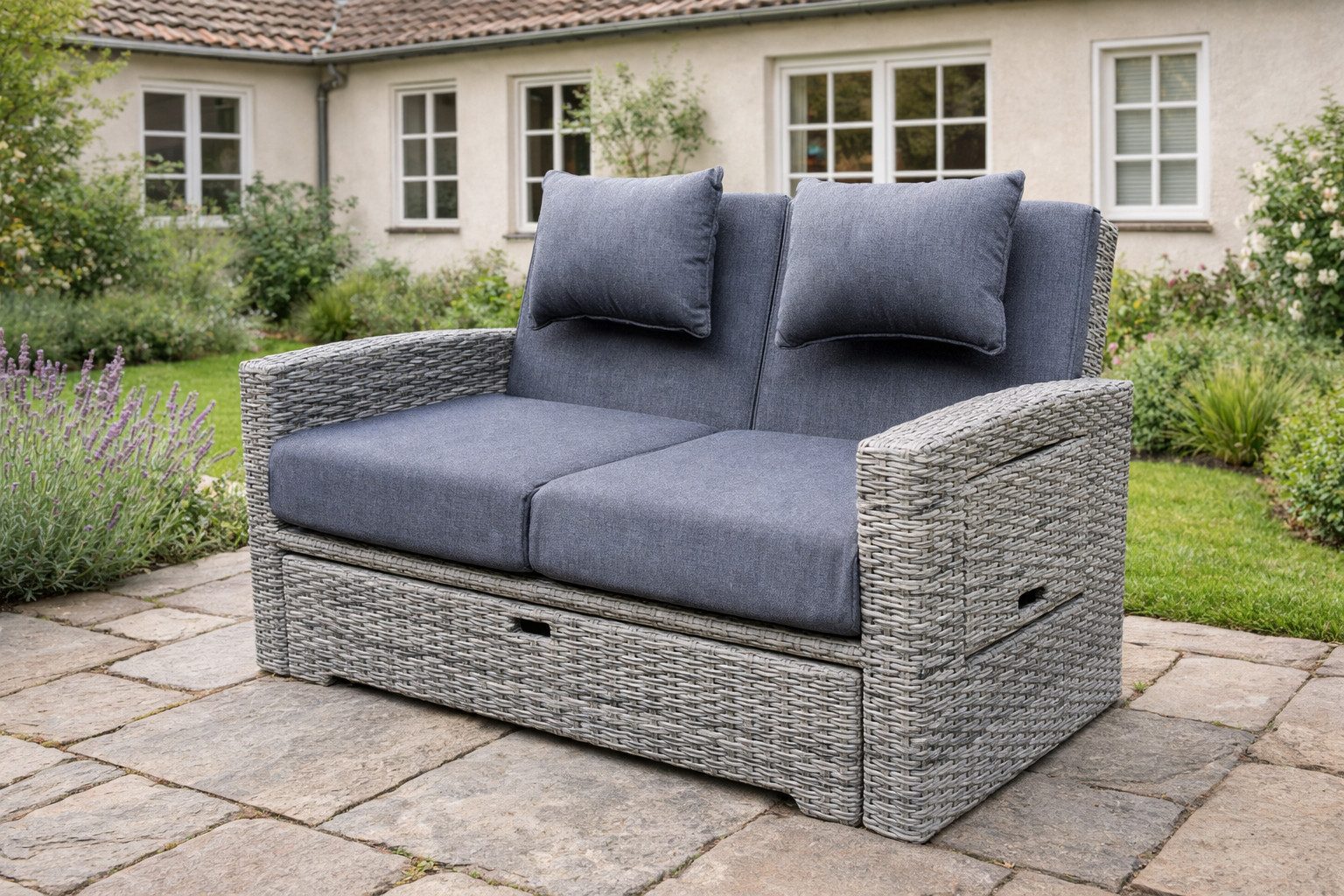 Green Spirit Gartensofa »Sunny« Multifunktions Gartensofa Rattan Lounge Sofa Garten Bett, Set 1 Teile, Polyrattan, grau, wetterfest - Garten, Terrasse, Balkon & Outdoor