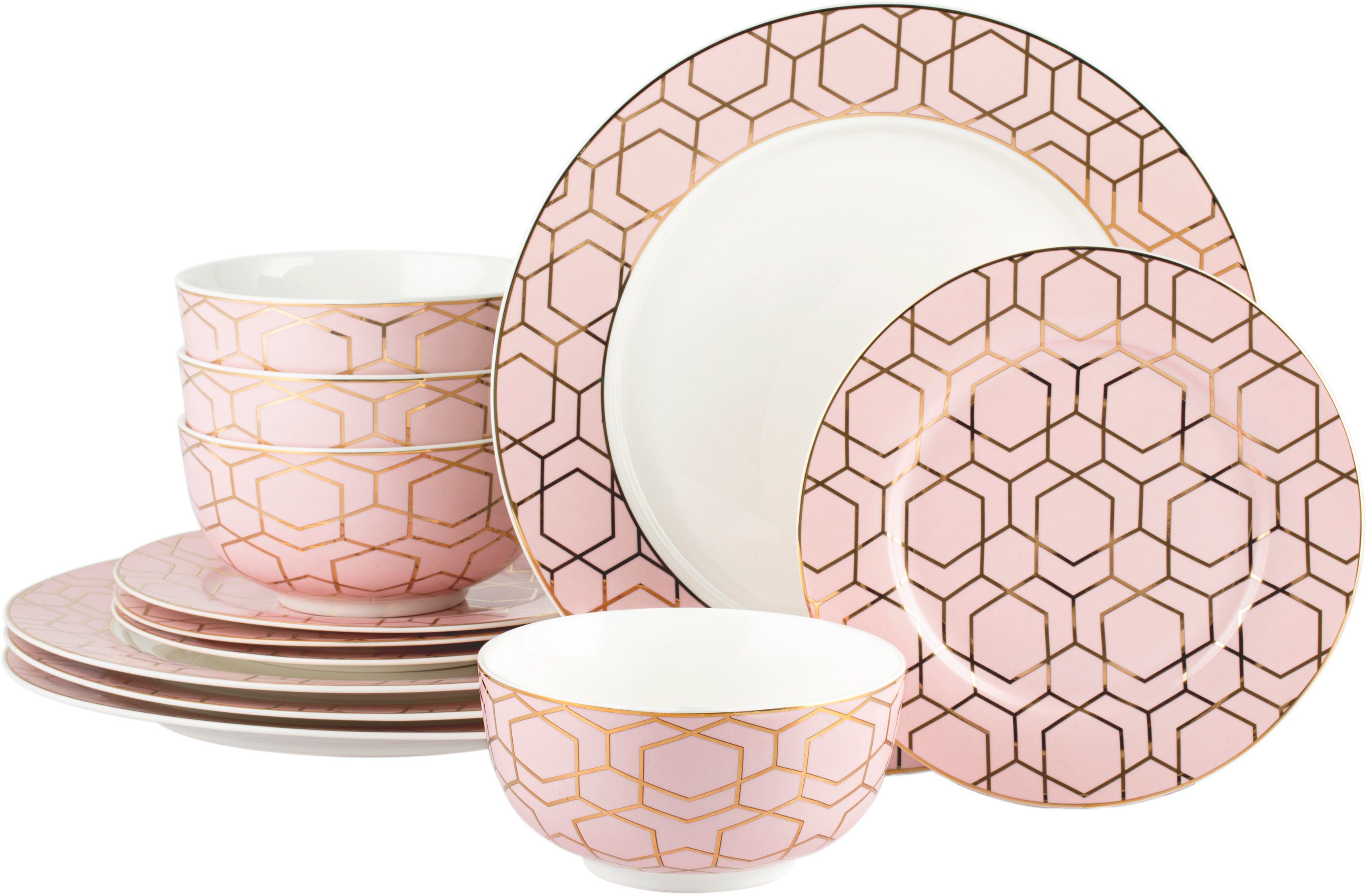 Retsch Arzberg Tafelservice Geschirr-Set, Service TALLULAH PINK & GOLD (12- tlg), 4 Personen, Fine China-Porzellan, Art dèco - Design, 12 Teile, für 4  Personen | Servierplatten