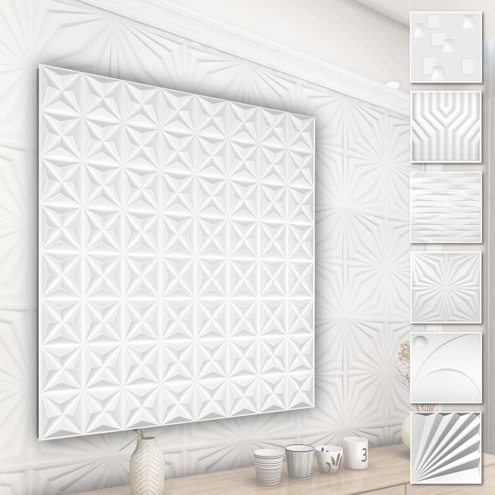 Hexim Wanddekoobjekt HD003-1 (PVC Kunststoff - weiße Wandverkleidung mit 3D Optik - Abstrakte Motive (0.25 qm 1 Platte) Wandpaneele Wohnzimmer)