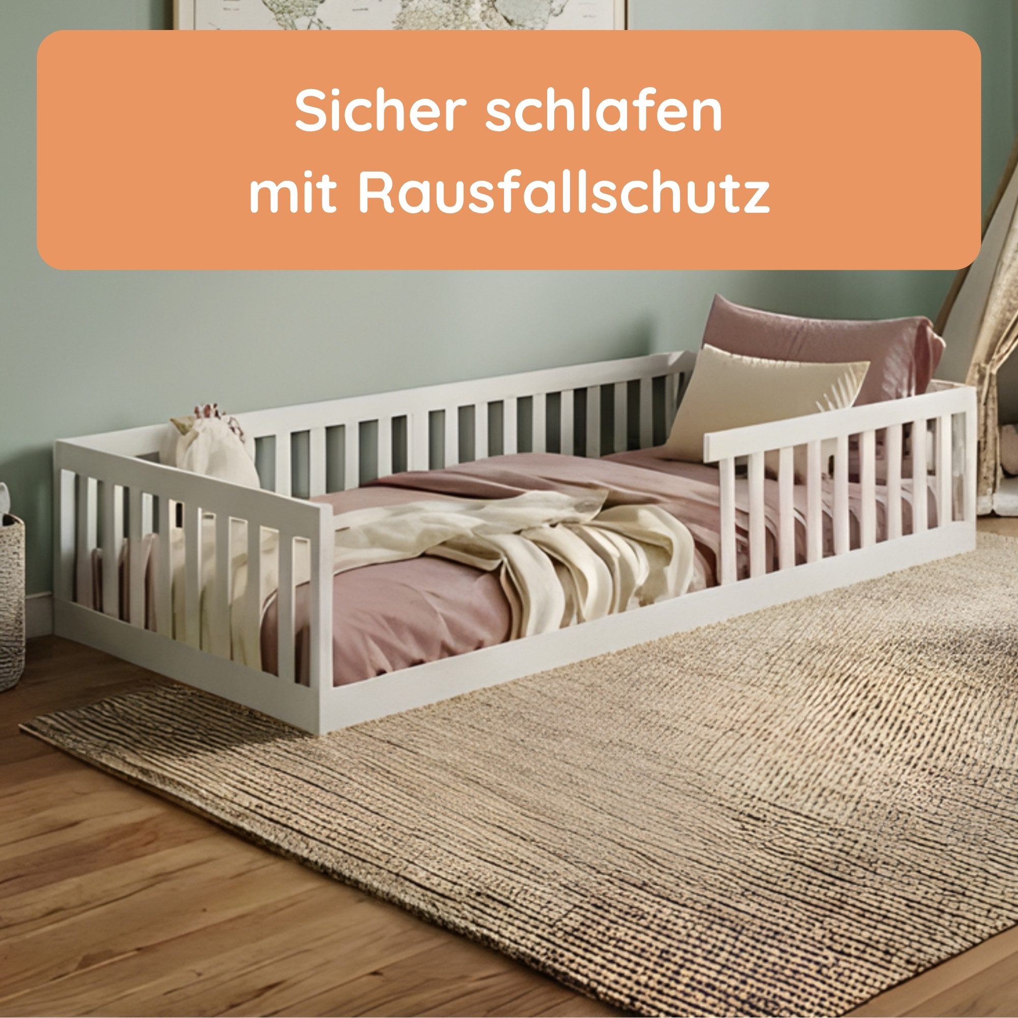 Kids Collective Kinderbett Bodenbett Bett mit Rausfallschutz & Lattenrost Montessori Bett Kinder (90x200, 120x200 und 140x200), Jugendbett Einzelbett Kiefer-Vollholz Weiß 90x200