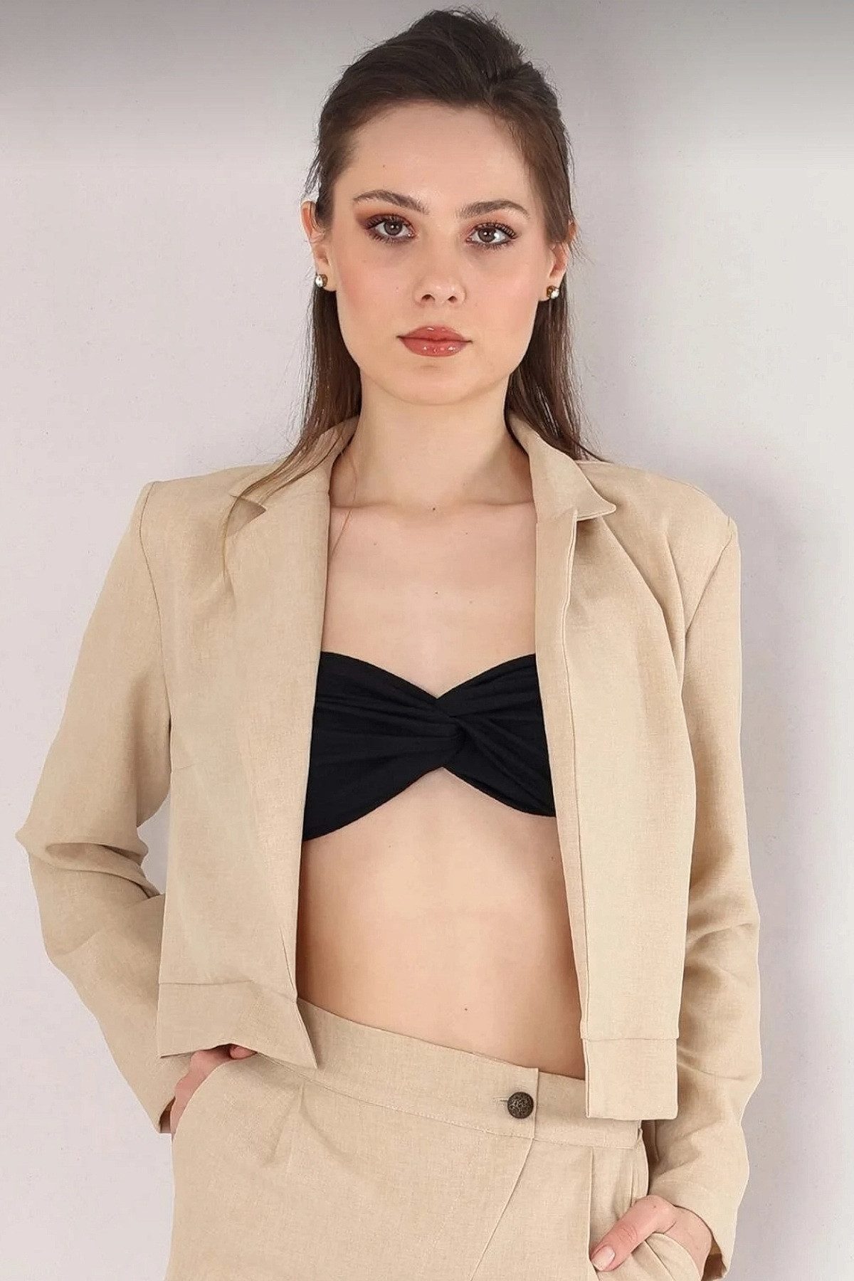 fashionshowcase Kurzblazer Damen Crop Jacke Leinenoptik günstig online kaufen