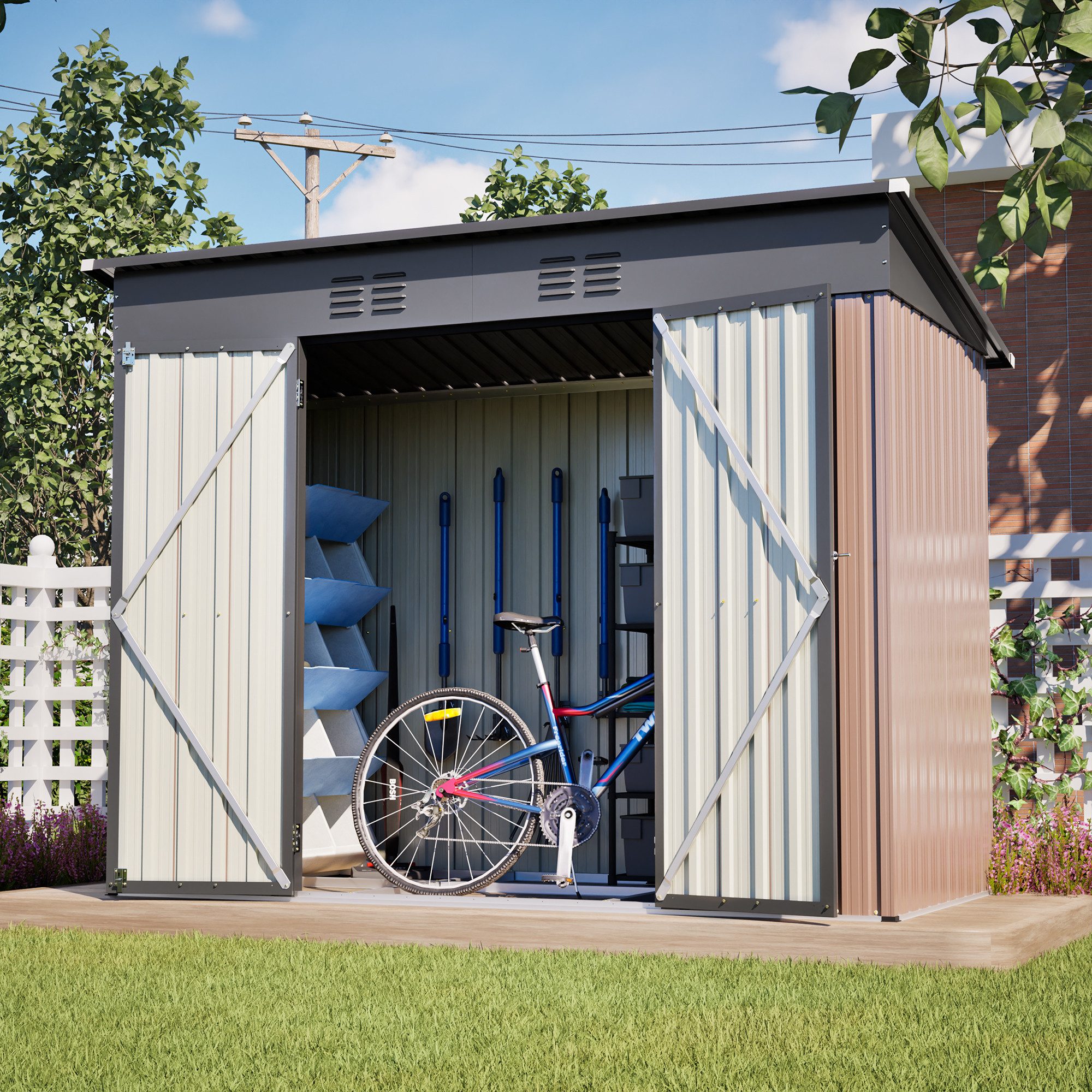 CHICFURN Gerätehaus Pultdach Metall-Gartenhaus mit abschließbarer Tür & 2 Lüftungsgittern, BxT: 242,00x126,00 cm, (Packung, 1 St), Für Terrasse, Hof & Garten, Braun, 8x4 Fuß