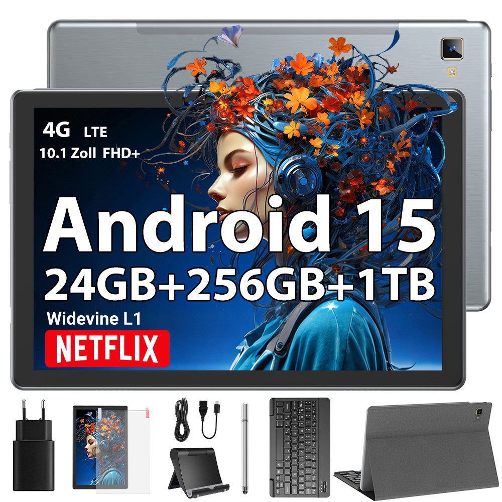 XGODY P60 Pro VIP (2SIM-4GLTE) mit Tastatur, Ledertasche und Ladegerät Tablet (10.1", 256 GB, Android 15, 2G (GSM), 3G (WCDMA), 4G (LTE), WLAN, SIM-Kartenslot, Gesichtserkennung, Ledertasche für Tastatur)