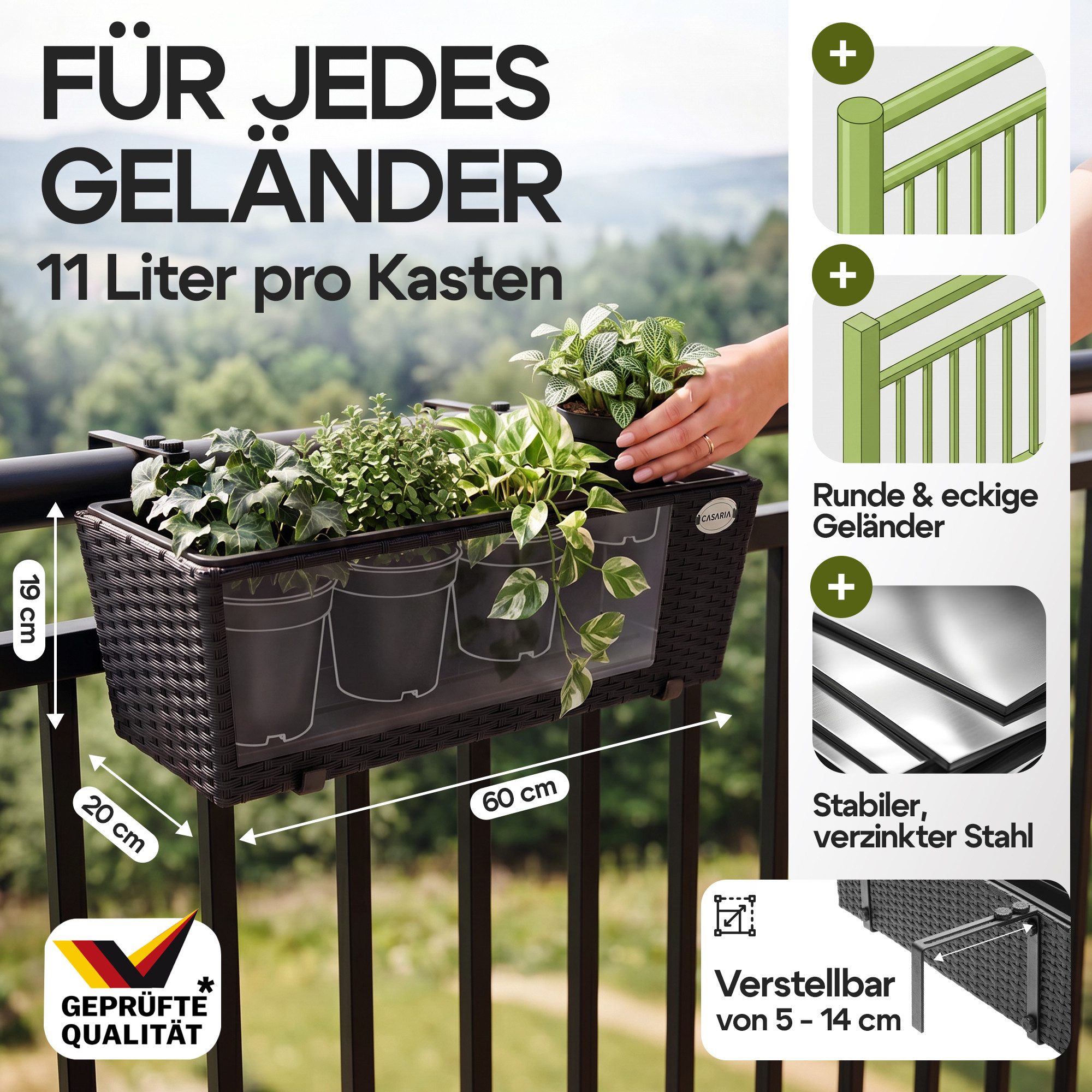 Casaria Blumenkasten, 4er Set 11 Liter Montagehalterung Indoor Outdoor Geländerkasten
