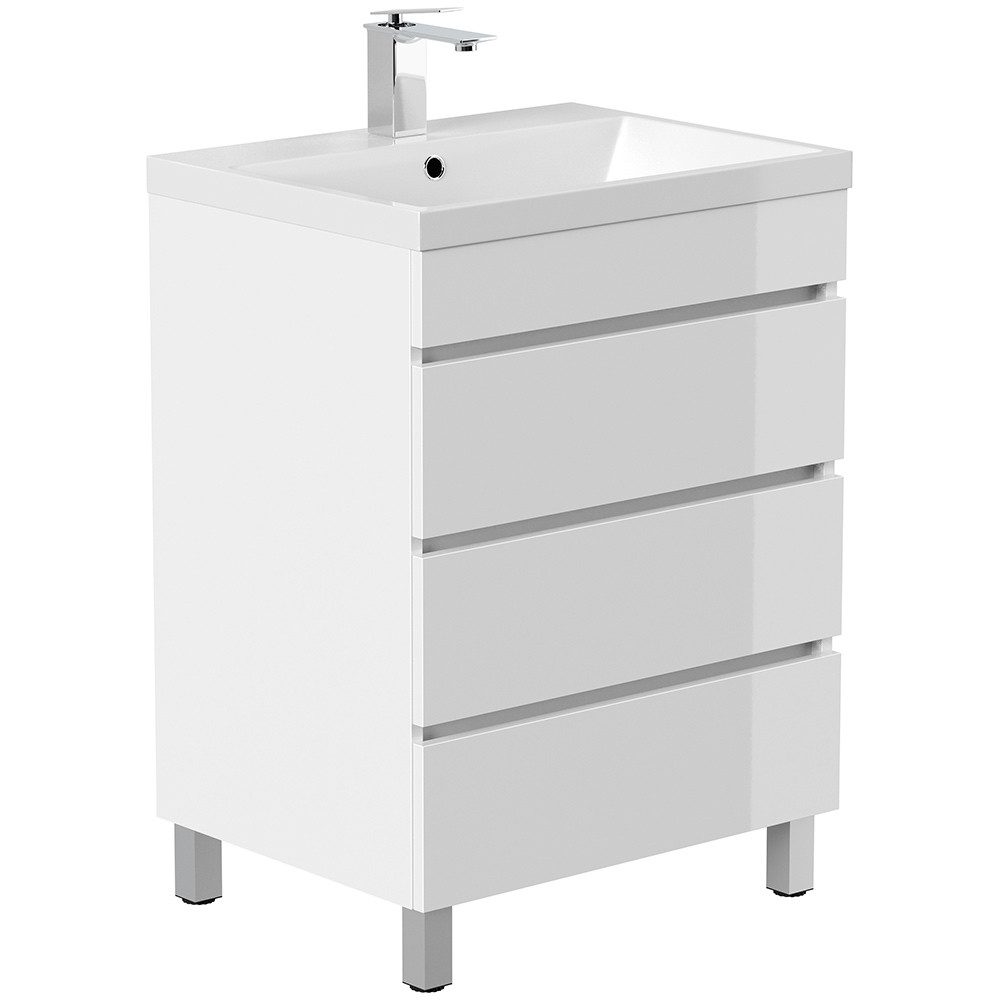 Lomadox Waschtisch FROME-02, stehend, weiß Hochglanz 60 cm, 3 Schubladen